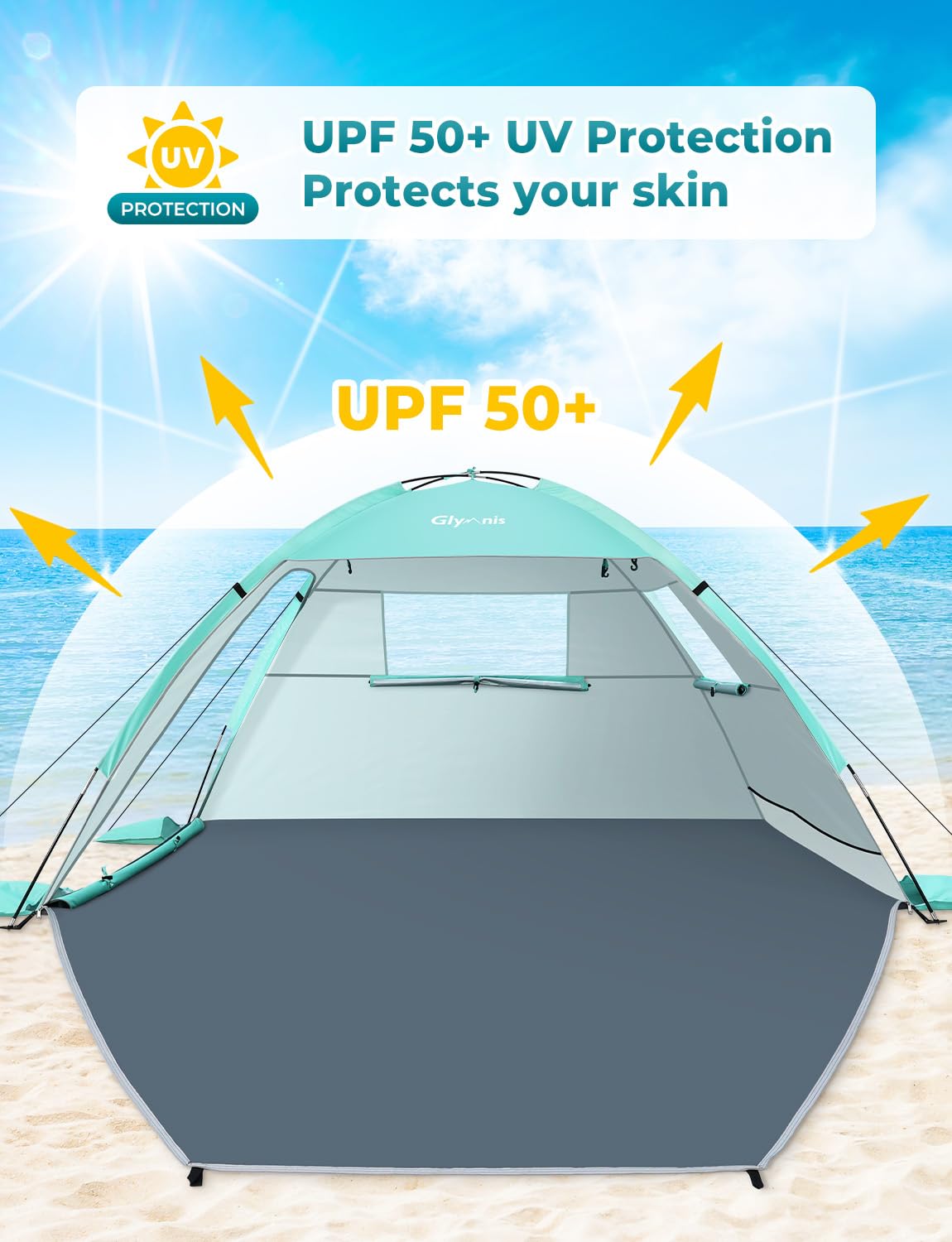 Glymnis 2-3 Person Beach Tent - UPF 50+ Sun Shelter with 2 Door Ventilation, Lightweight & Portable Sun Shade for Beach, Garden, Picnic - Easy Setup Fully Closed Canopy for Sun Protection, Outdoor Camping, and Family Vacations