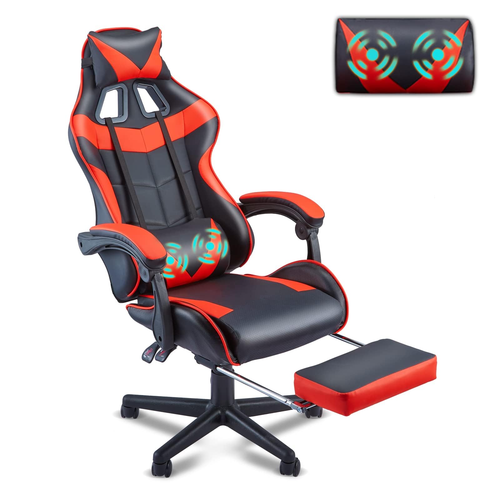 Soontrans Red Gaming Chair with Footrest - Ergonomic Racing Style Computer Gaming Chair with Adjustable Headrest & Lumbar Support - Perfect for PC Gaming, Esports, Home Office & Streaming Setup