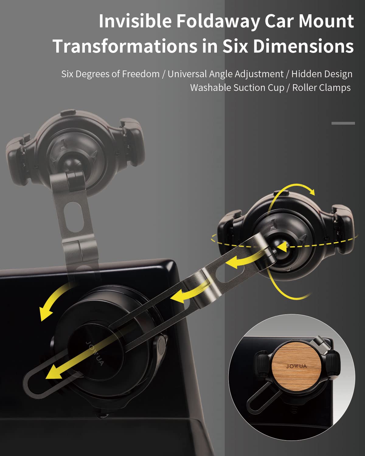 Jowua 6D Invisible Foldable Car Phone Mount Holder - Universal Roller Suction Cup Compatible with Tesla Model 3/Y, Model S/X Plaid - Perfect for Hands-Free Navigation & Streaming on Road Trips