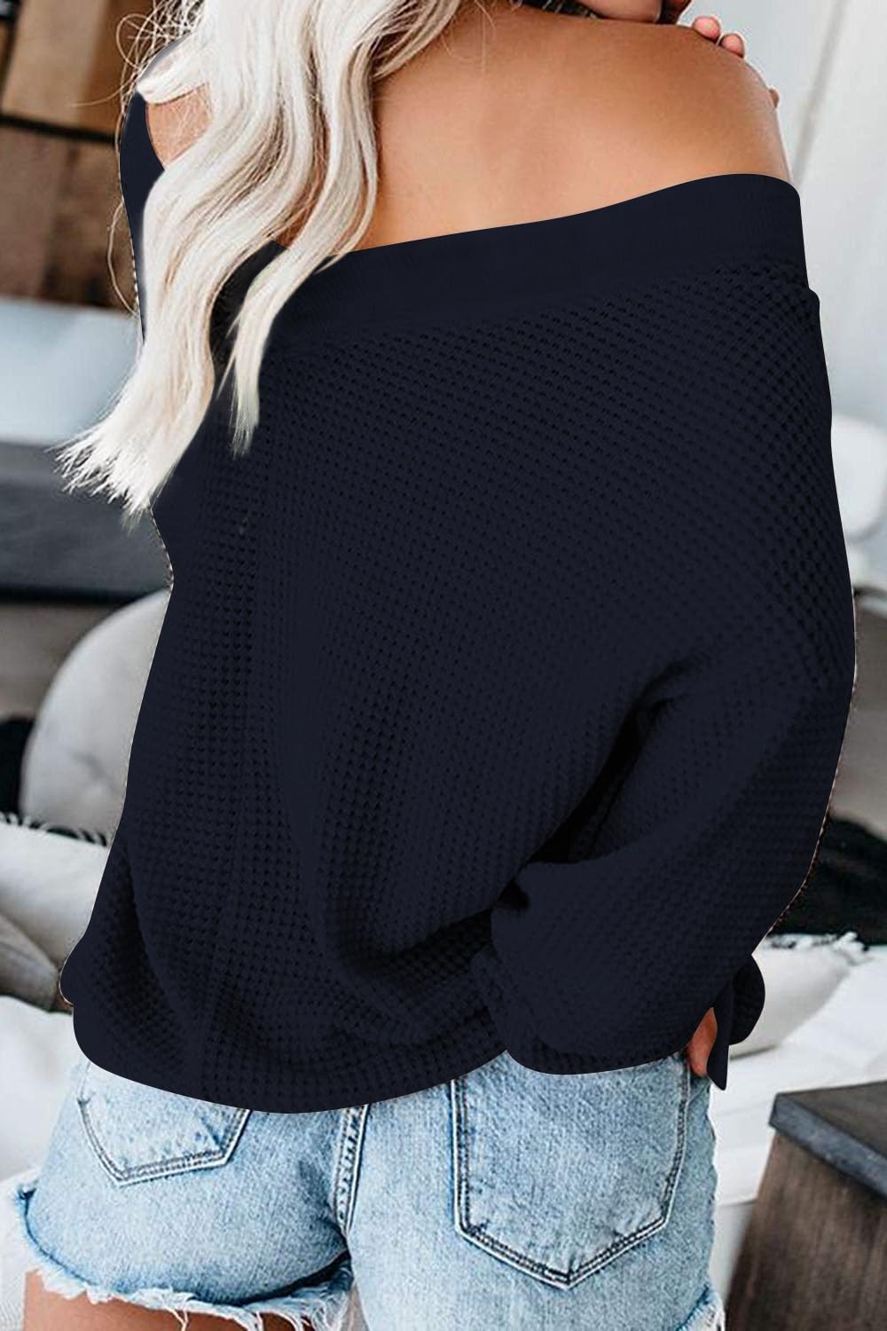 ReachMe Women's Oversized Off-Shoulder Long Sleeve Waffle Knit Sweater Top - Casual Loose Drop Shoulder Shirt for Fall/Winter Layering, Date Nights & Coffee Outfits