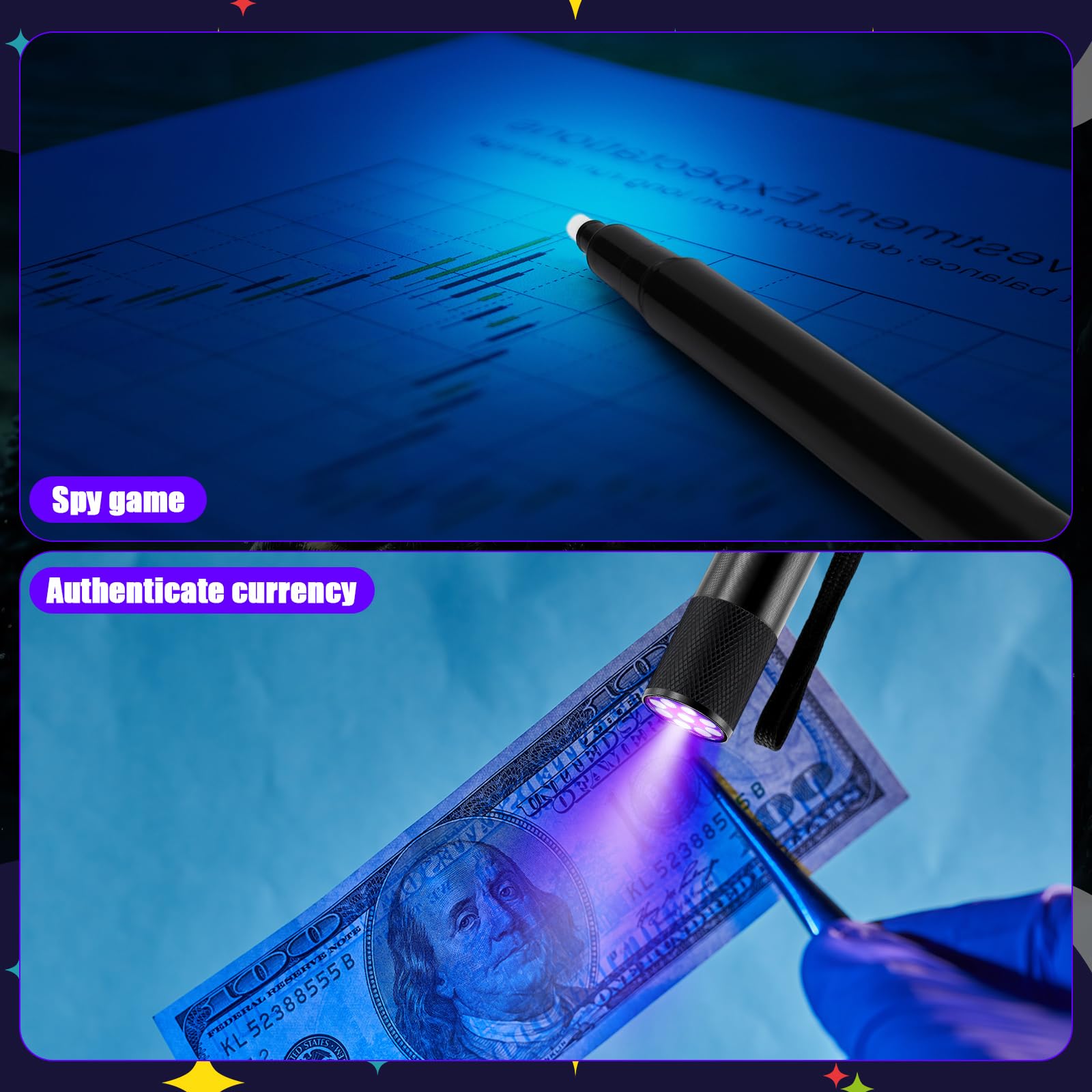 Tegeme 10-Piece UV Invisible Ink Pen Set with Blacklight Flashlights - Spy Secret Writing Kit for Kids, Party Favors & Christmas Gifts | Perfect for Secret Messages, Treasure Hunts & Nighttime Adventures