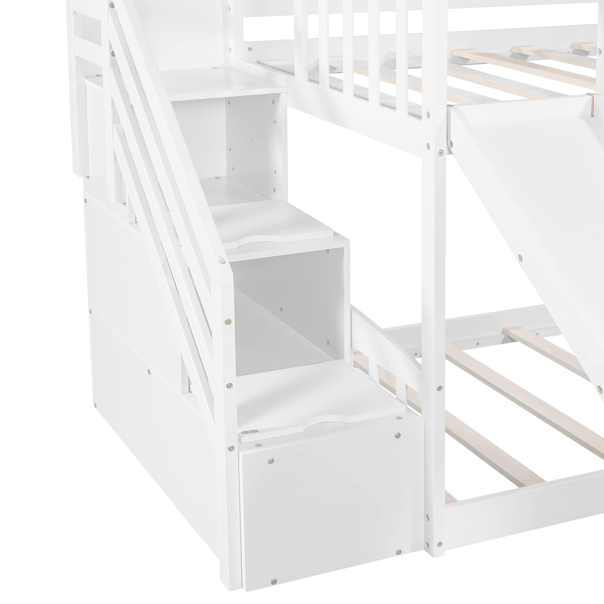 Kids Twin Over Twin Low Bunk Bed with Slide, Ladder & 2 Drawers - Solid Wood Floor Bunk Bed for Boys & Girls - Perfect for Small Bedrooms, Shared Kids Rooms & Space-Saving Sleep Solutions