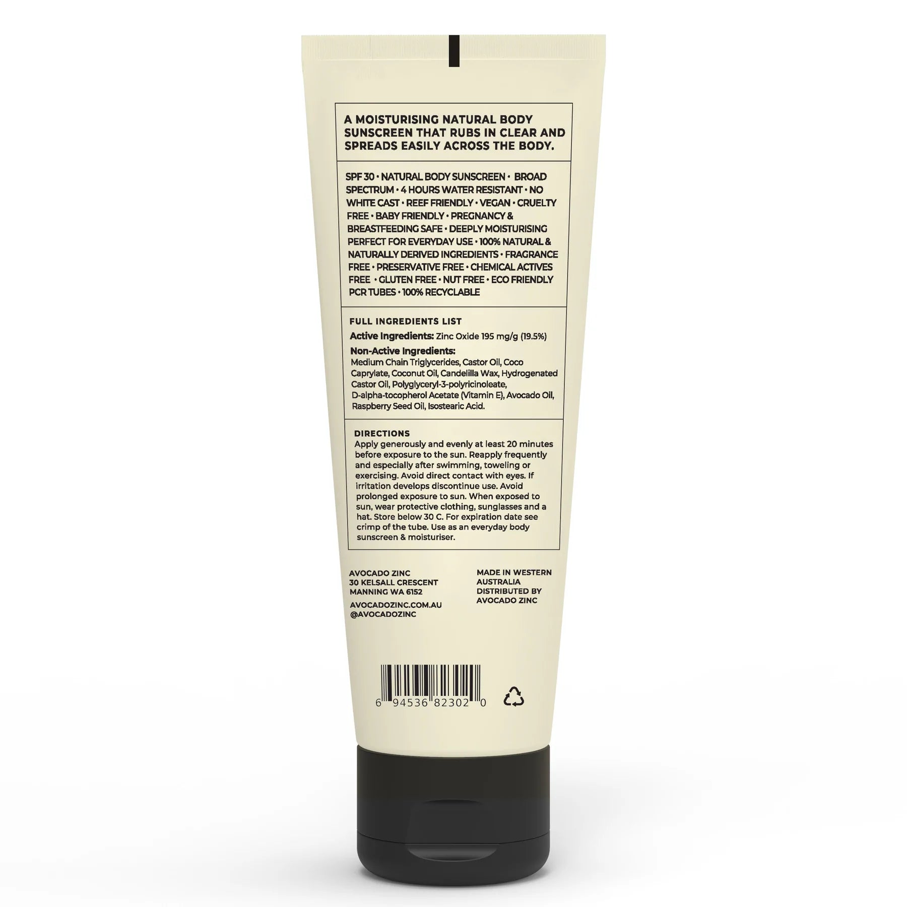 Avocado Zinc SPF30 Natural Body Sunscreen 200ml - Broad Spectrum Water Resistant Sun Protection for Outdoor Activities, Beach & Swimming