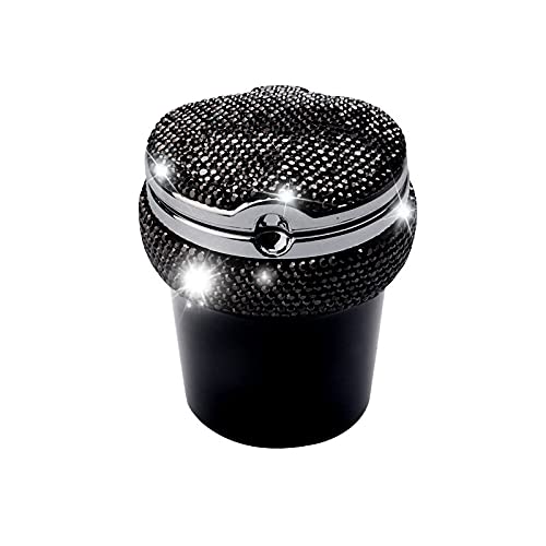 Portable Smell-Proof Crystal Diamond Car Ashtray with Lid & LED Light - Auto Cigarette Ashtray for Women, Car, Home & Office - Bling Pink Car Accessories (Black) | Perfect for Travel, Road Trips & Smoke-Free Spaces