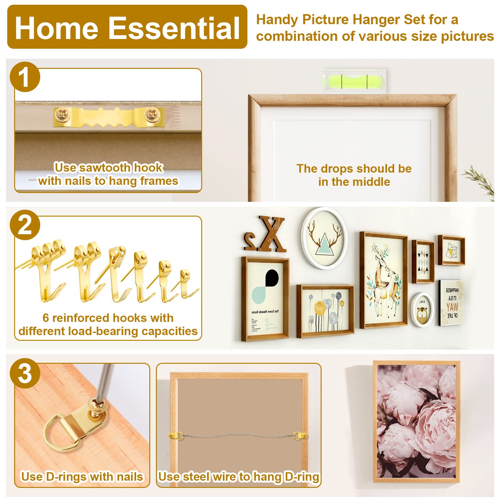 MAPVOLUT 372 PCS Heavy Duty Picture Hanging Kit - Includes Sawtooth Hangers, D Rings, Screw Eyes, Hooks, Nails & Level - Complete Wall Mounting Hardware for Frames, Mirrors & Artworks (Perfect for Home Decor, Gallery Display & Office Wall Organization)