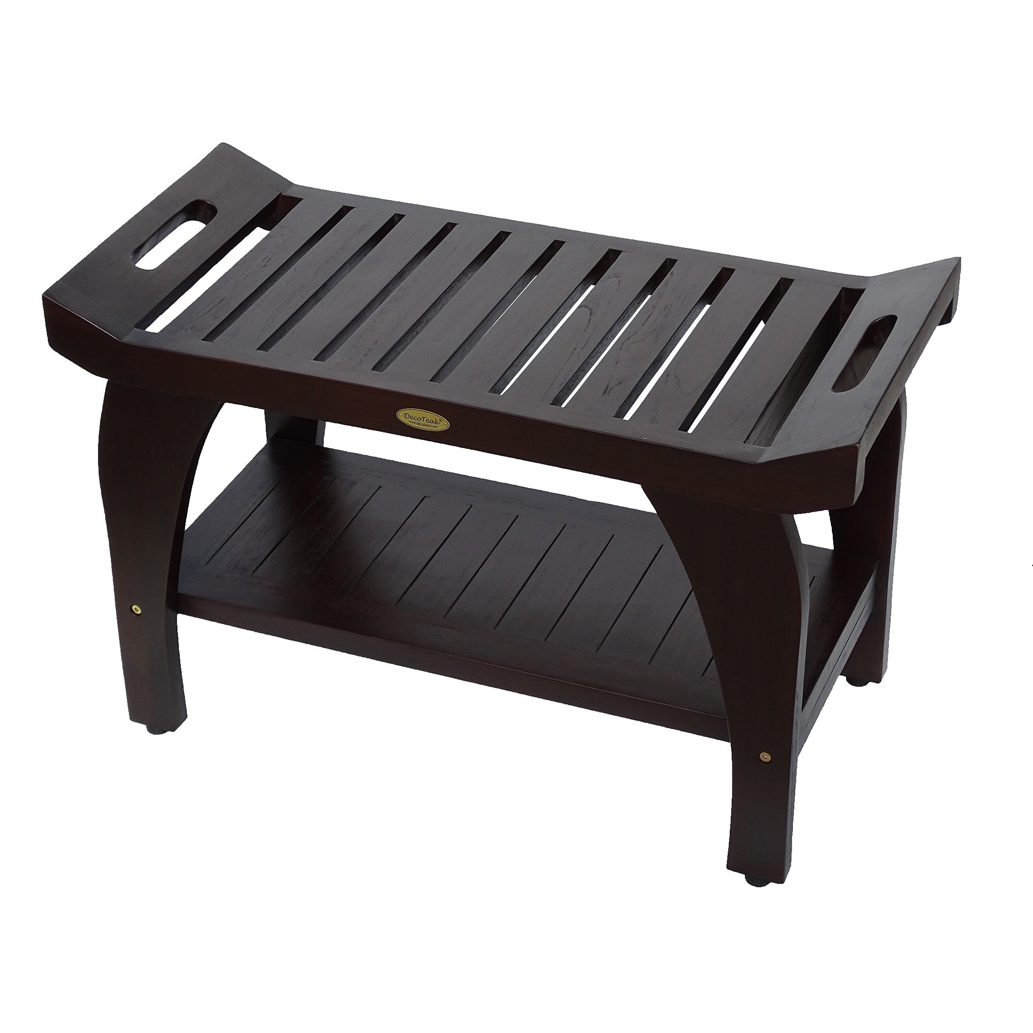DecoTeak 30 Inch Waterproof Teak Wood Shower Bench - Brown Bathroom Stool with Storage for Safety & Organization | Non-Slip Shower Seat for Elderly & Spa Relaxation