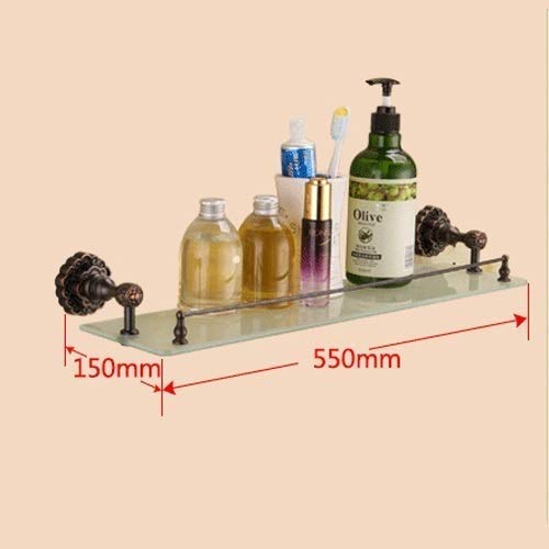 Antique Black Copper Carved Base Floating Shelves - 55CM Tempered Glass Wall Mounted Bathroom Shelf for Toilet, Makeup Storage & Organizer - Perfect for Small Space Decor, Vanity Organization and Bathroom Storage Solutions