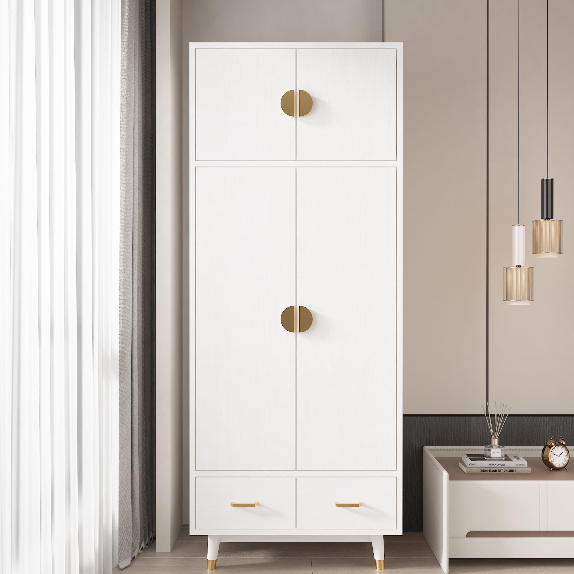 Rattan Wardrobe Closet with 4 Doors & 2 Drawers - Freestanding Storage Cabinet with Hanging Rod & Gold Handles - Large Capacity Bedroom Organizer for Clothes, Shoes & Accessories - Perfect for Master Bedroom, Guest Room or Dormitory Storage Solutions