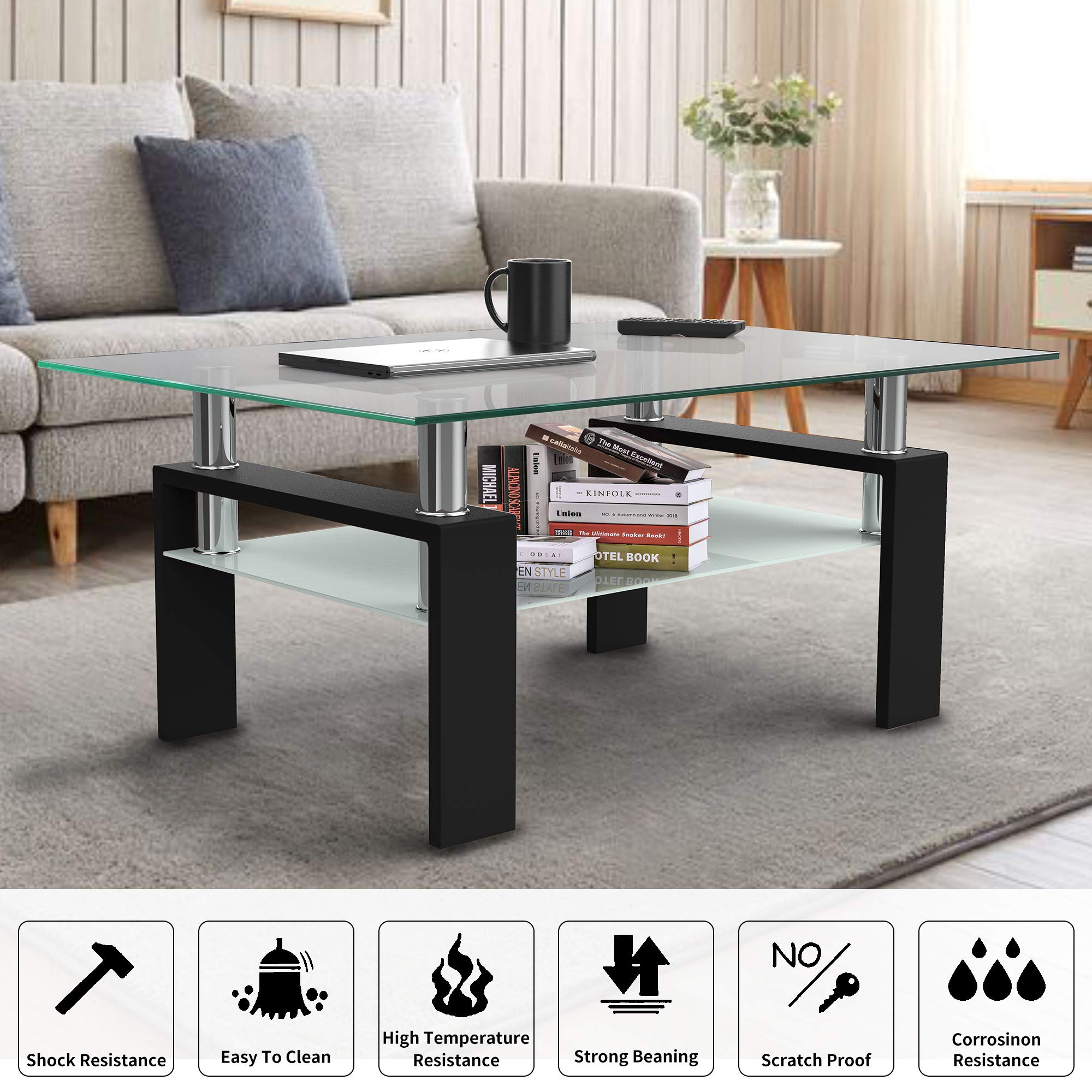Modern Rectangle Glass Coffee Table with Lower Shelf - Metal Legs, Black - Perfect for Living Room, Lounge, and Conversation Areas