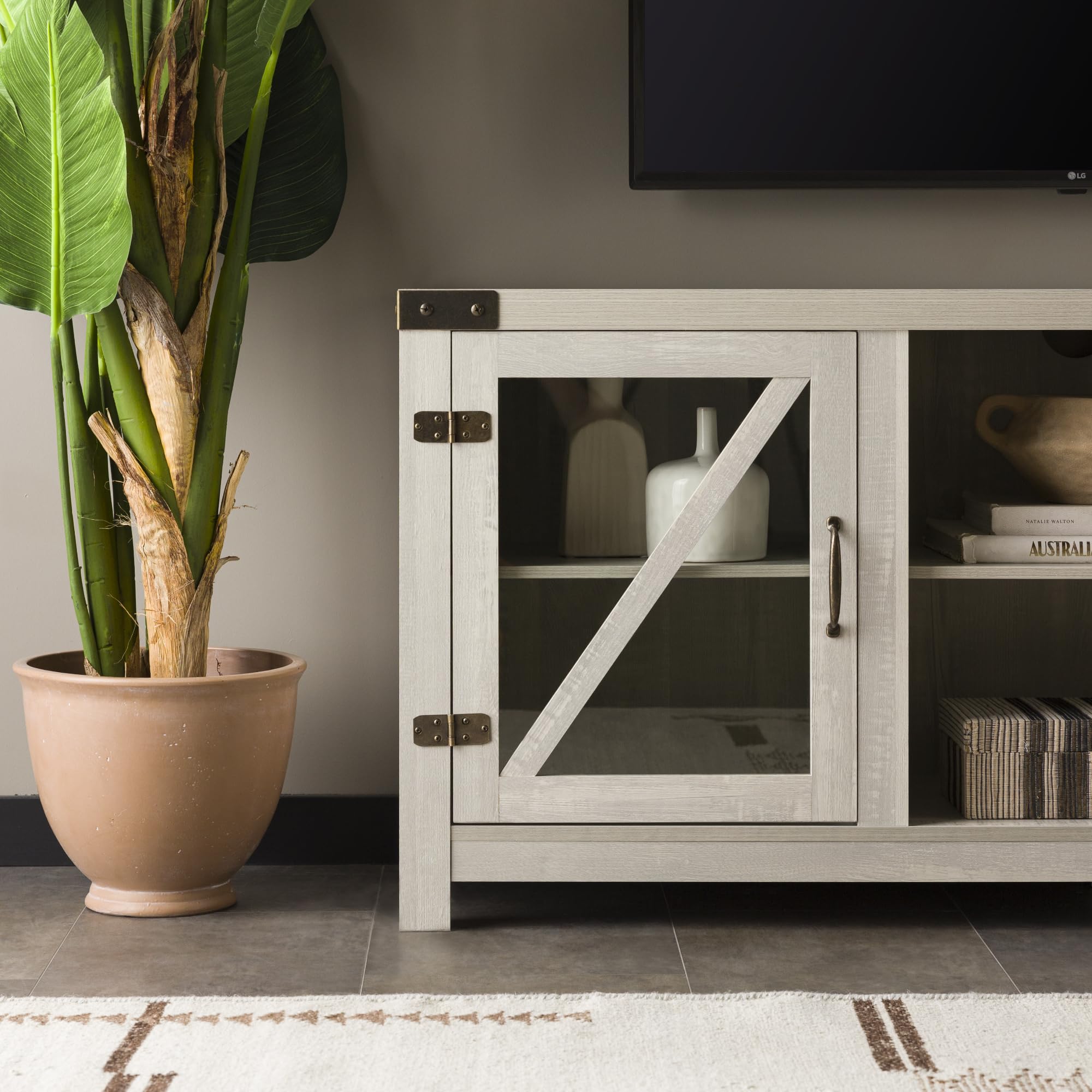 Walker Edison Wesley Modern Farmhouse 65 Inch TV Stand with Glass Doors - Rustic Stone Grey Entertainment Center for Living Room, Bedroom & Home Theater