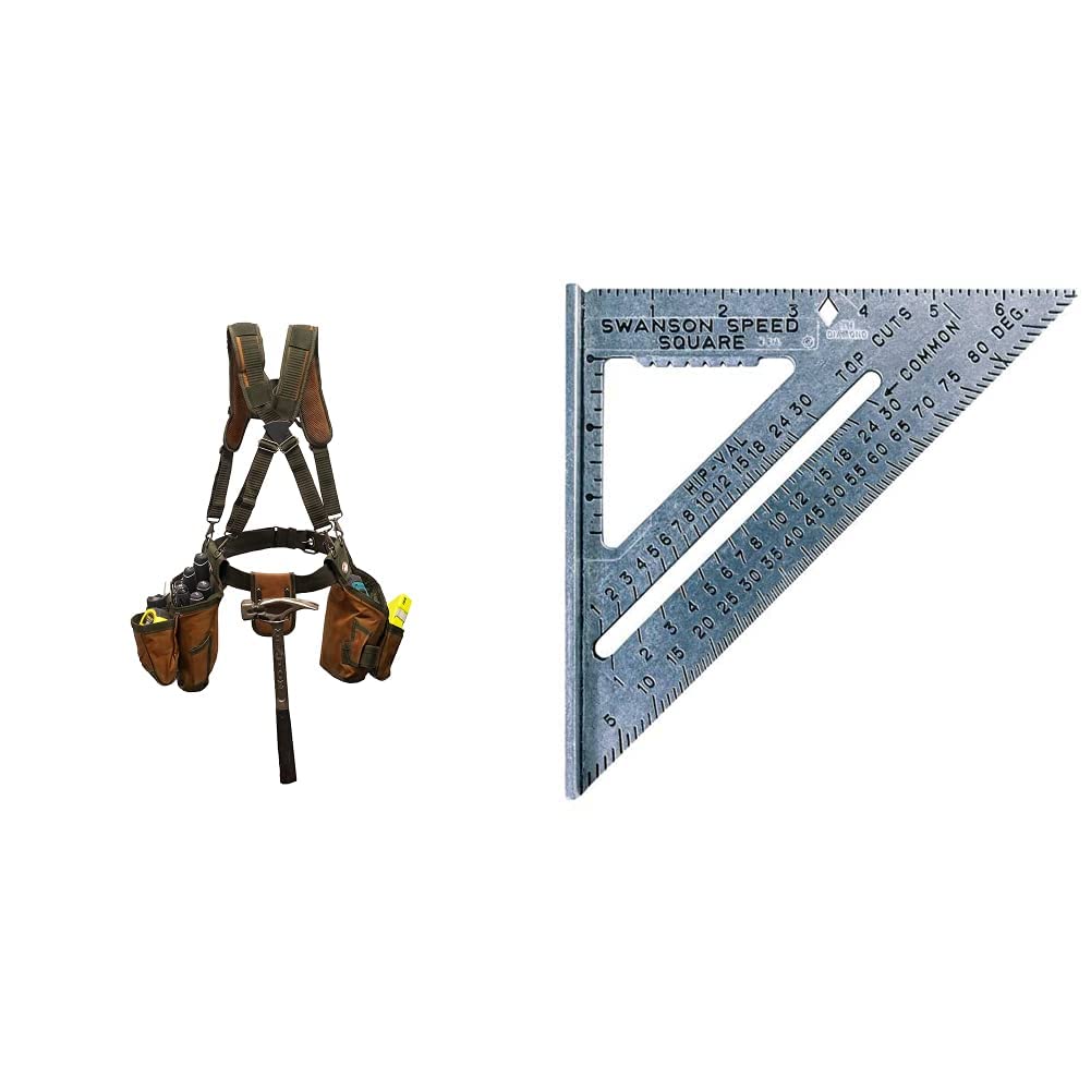 Bucket Boss AirLift Tool Belt with Suspenders - 52 Inch Brown Work Belt for Carpenters & SWANSON S0101 7 Inch Blue Speed Square - Durable Construction Tools for Woodworking, Roofing & DIY Projects