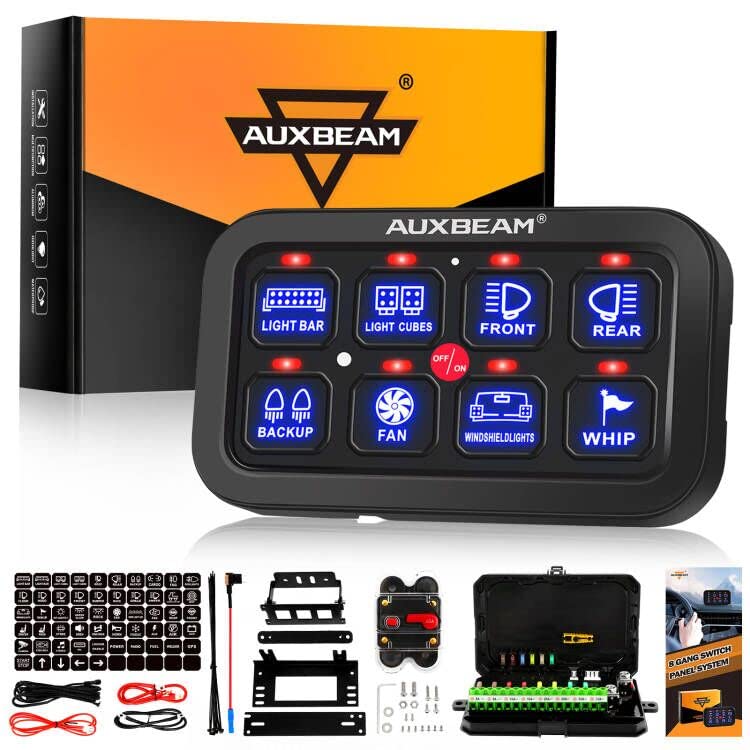 Auxbeam 8 Gang Switch Panel BA80 - Universal Automotive Relay Control System with Dimmable LED Touch Switch for Cars, Trucks, Jeeps, Boats & UTVs | Waterproof Circuit Control Box | Blue Backlight | 2-Year Warranty | Perfect for Off-Roading, Marine & Custom Vehicle Lighting Upgrades