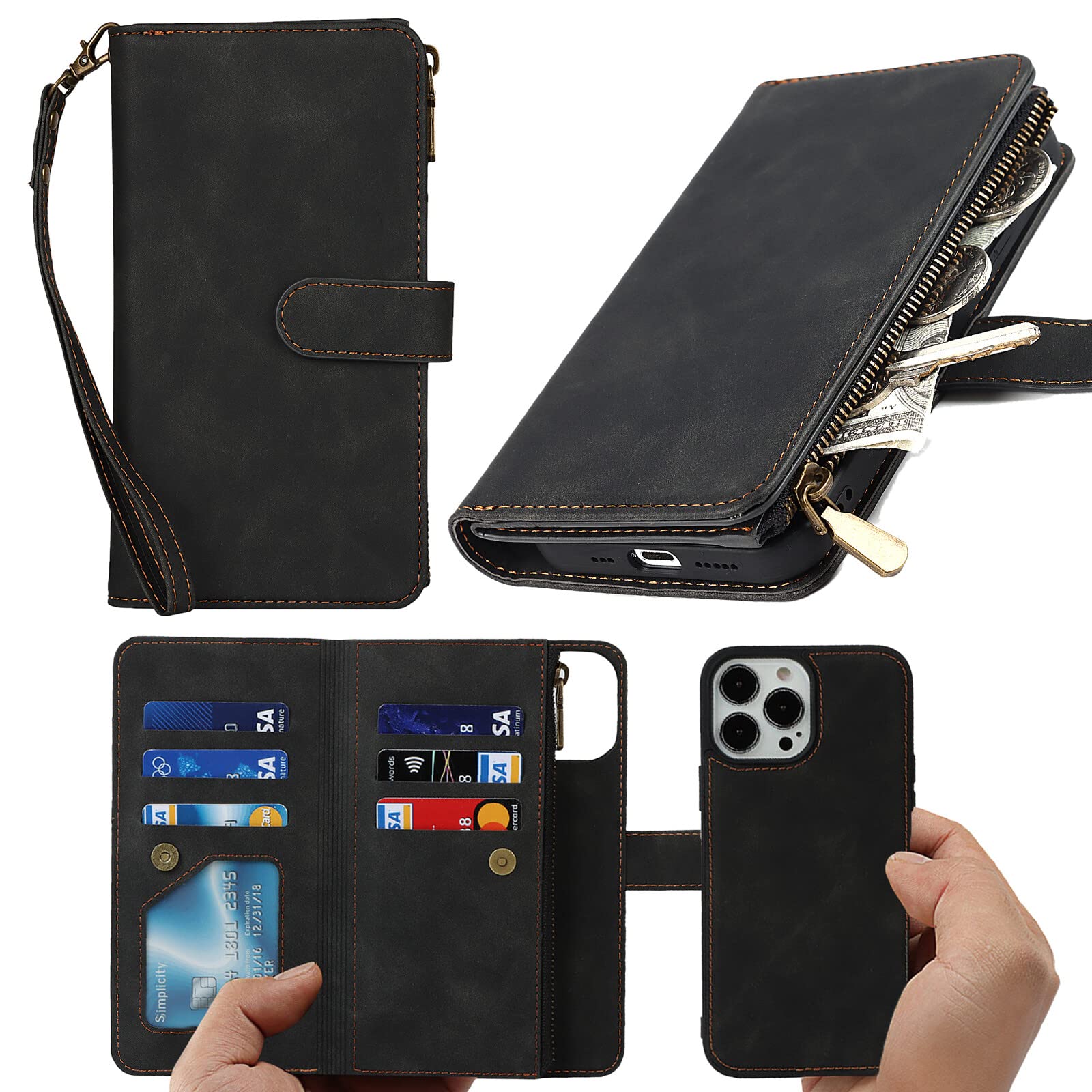 Havaya Flip Folio Zipper Wallet Case for iPhone 13 with Credit Card Slots - Black | Premium Protective Cover for Everyday Use & Travel
