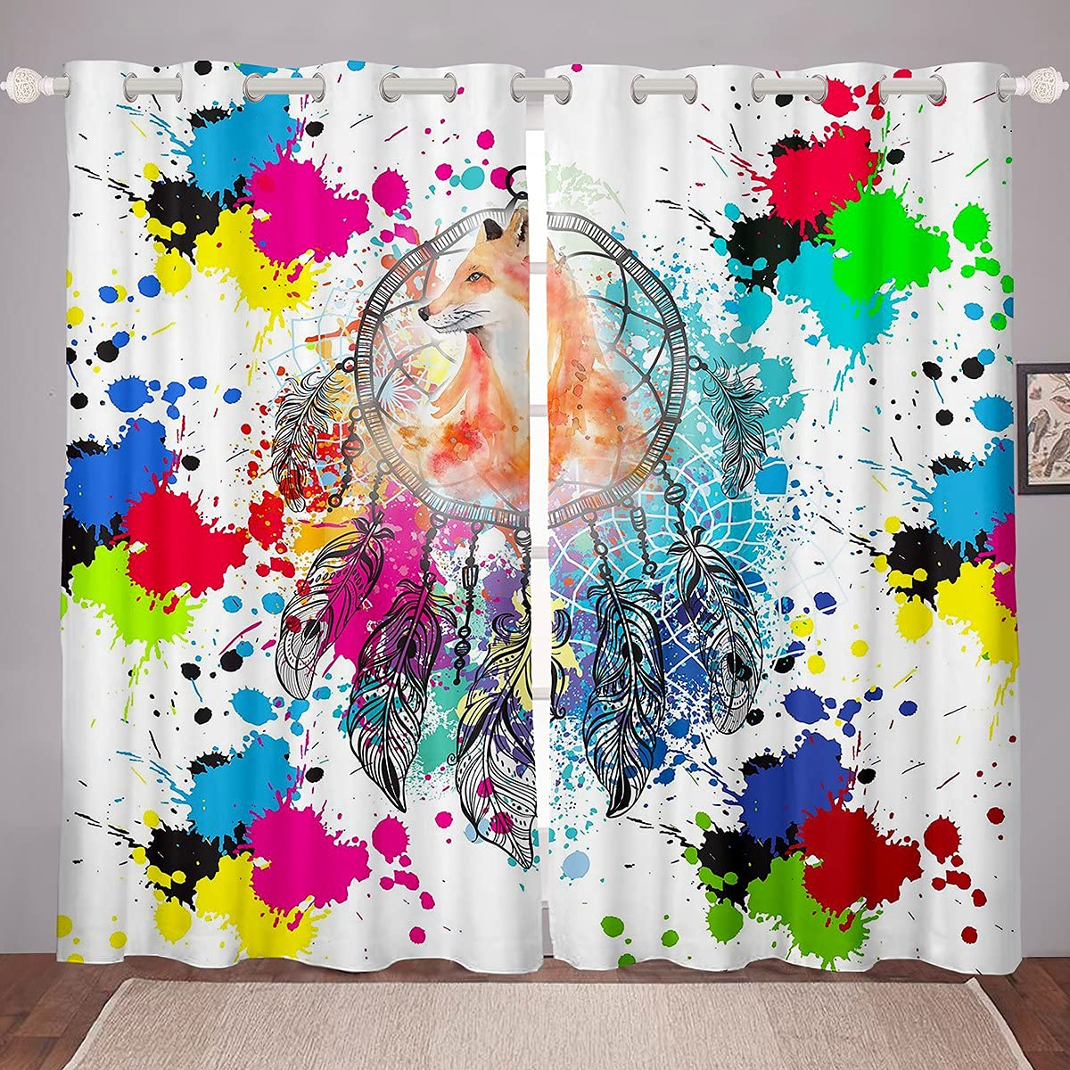 Boho Dreamcatcher Window Curtains for Bedroom & Living Room - Colorful Bohemian Tie Dye Fox Print Drapes for Kids, Boys, Girls & Teens - 42x63 Inch 2 Panels - Perfect for Nursery, Dorm & Boho Home Decor