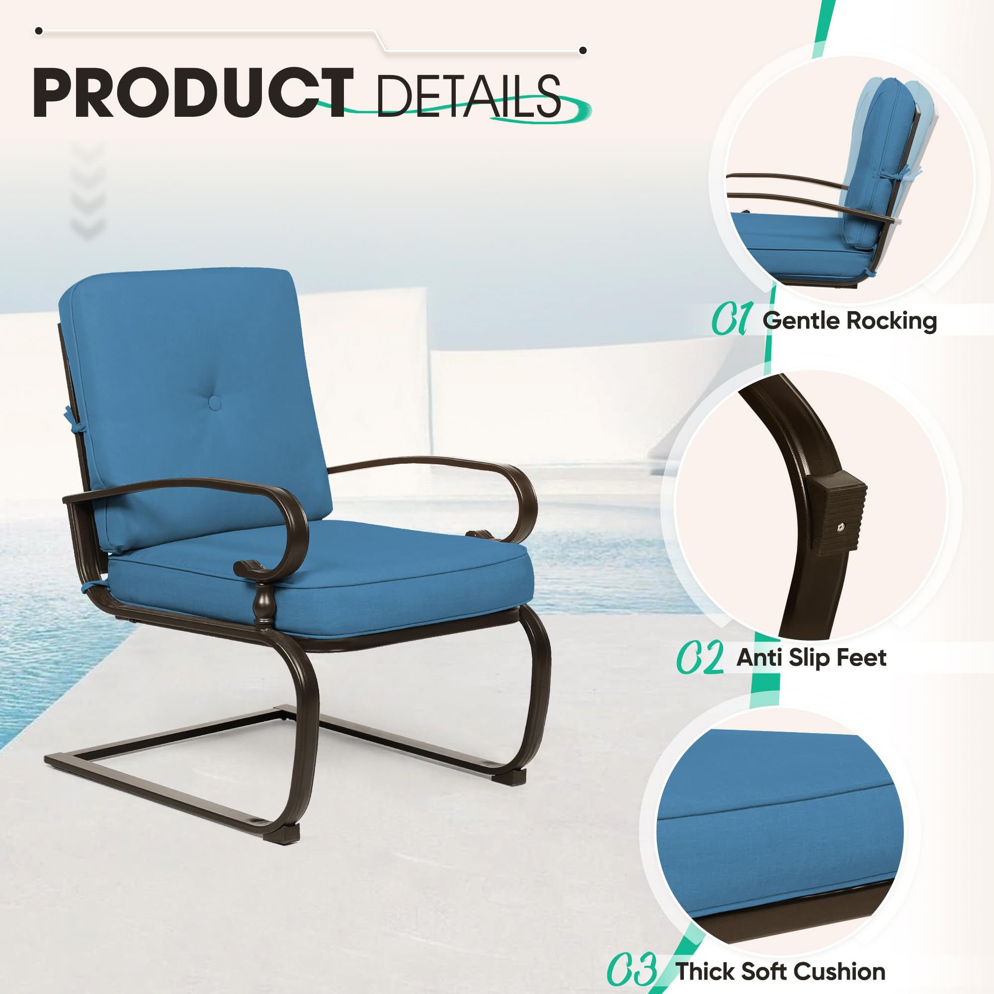 Incbruce Outdoor Patio Conversation Set - 4-Piece Metal Furniture with Glider, Bistro Table & 2 Spring Lounge Chairs (Peacock Blue, Wrought Iron) - Perfect for Garden, Backyard, and Poolside Relaxation