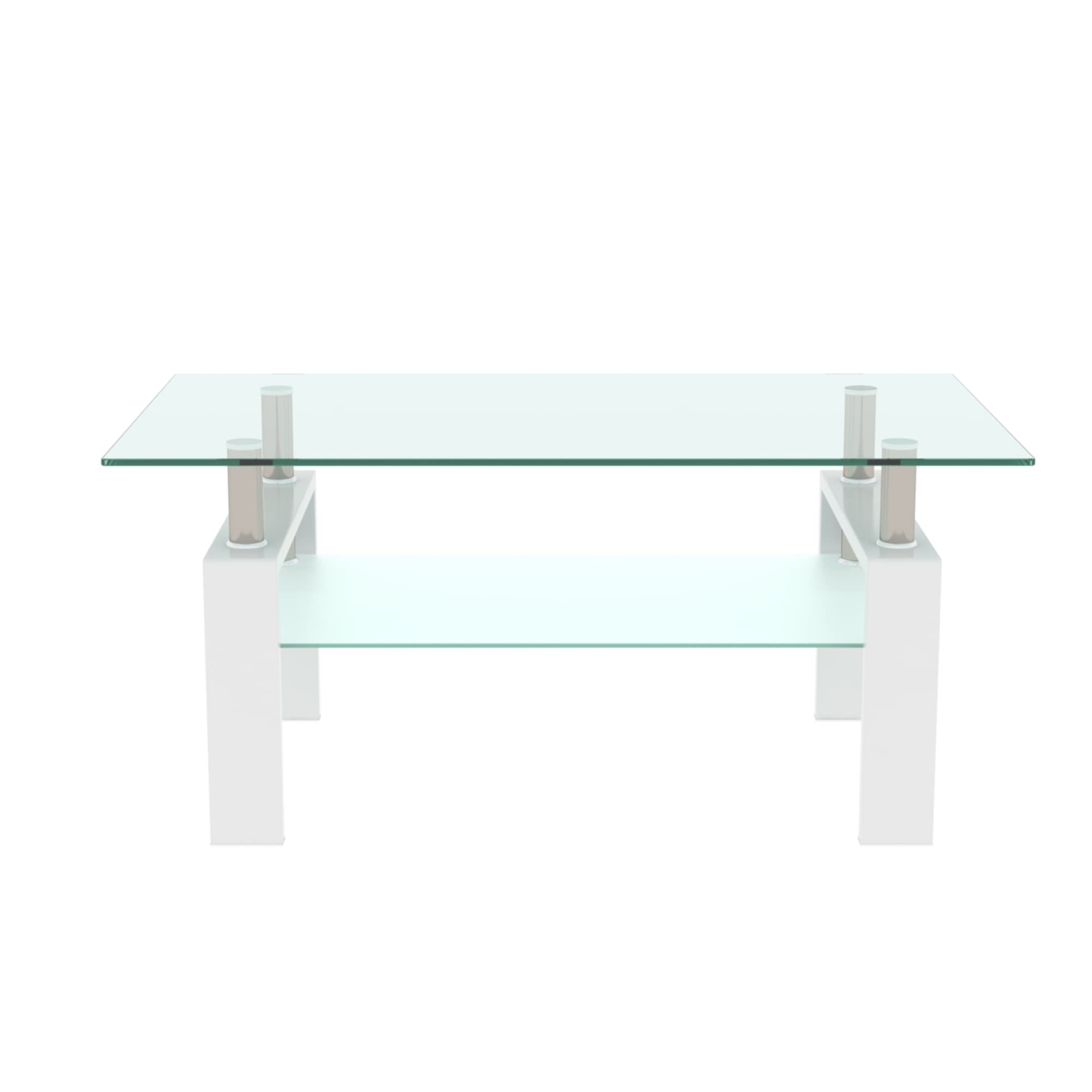Modern White Glass Coffee Table with Metal Legs and Lower Shelf - Rectangle Living Room Side Table for Home Decor, Office, or Lounge Use