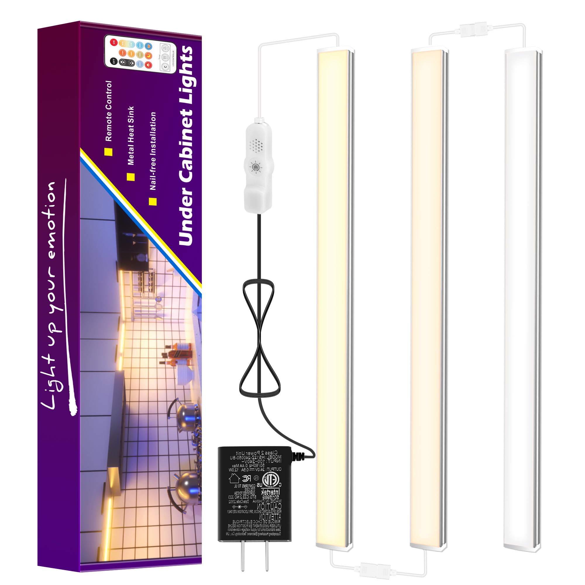 Maylit Under Cabinet Lights Plug in - 3 Pack 12 Inch Multi-Color LED Strip Lights, Super Bright Dimmable Under Counter Lighting for Kitchen Cabinets, Workbench, Desk - Perfect for Task Lighting & Home Decor