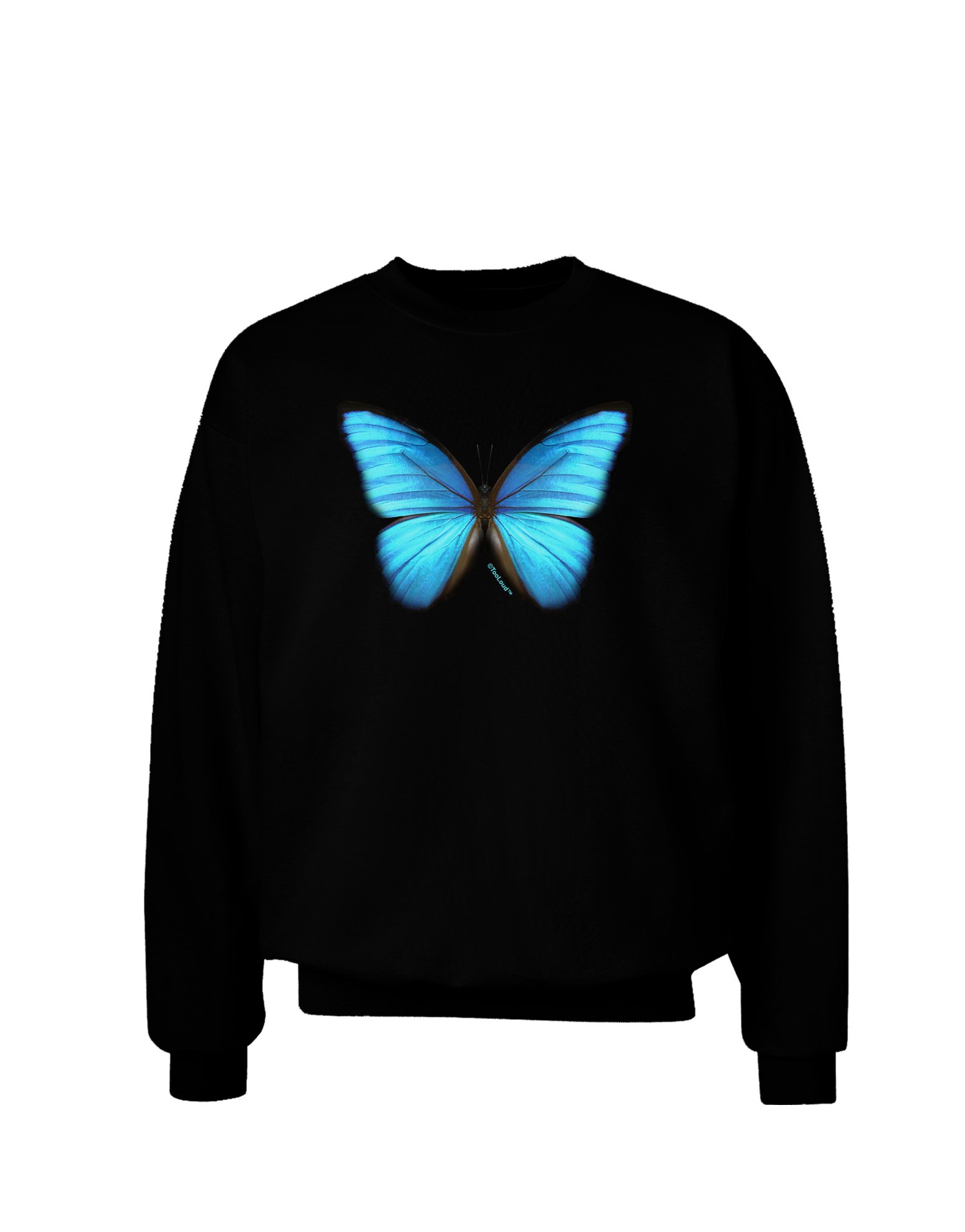 TooLoud Big Blue Butterfly Print Dark Sweatshirt for Adults | Cozy Pullover Hoodie for Casual Wear, Street Style & Fall Fashion