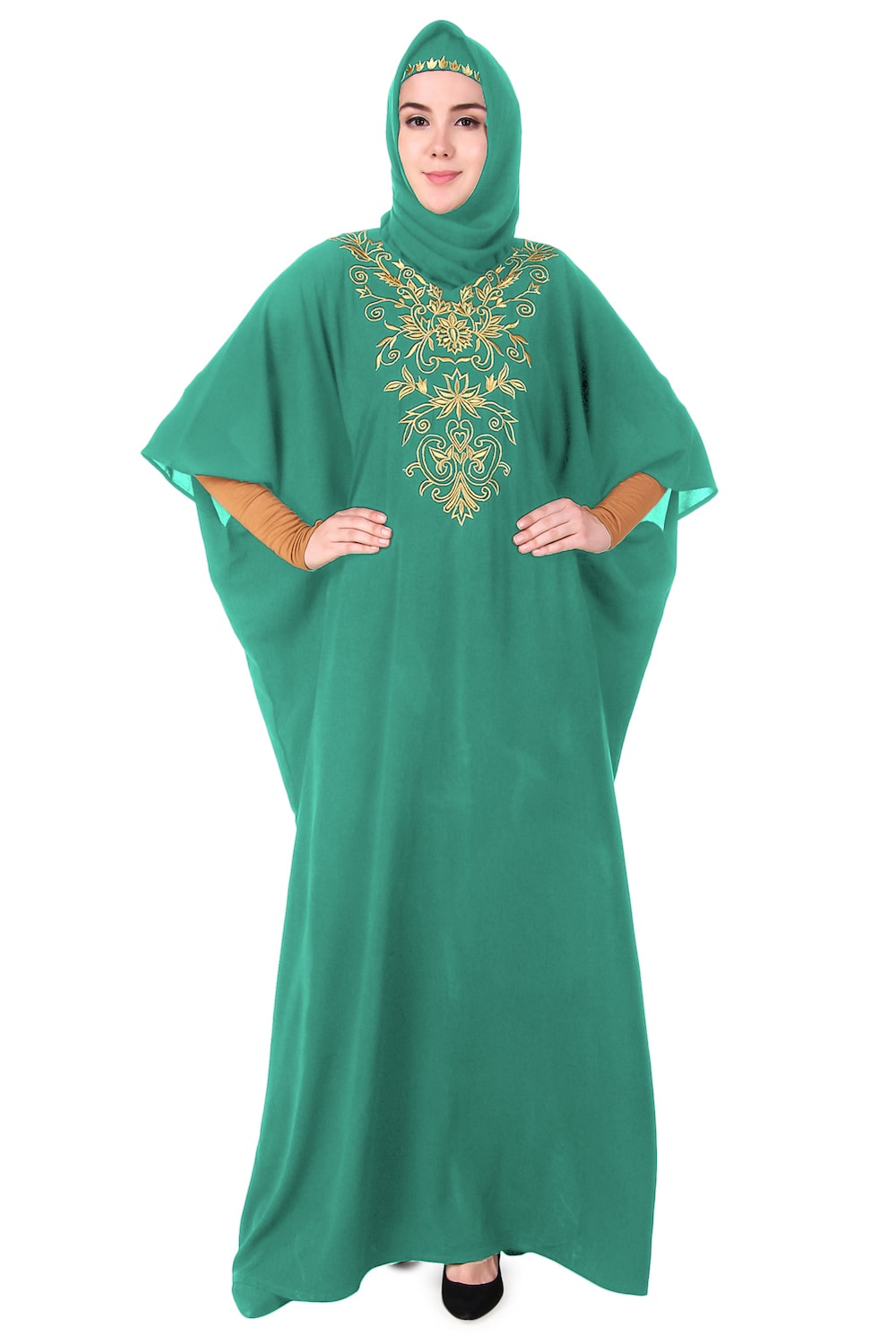 Embroidered Floral Gold Kaftan Dress for Women - Elegant Boho Maxi Dress for Beach, Party & Special Occasions