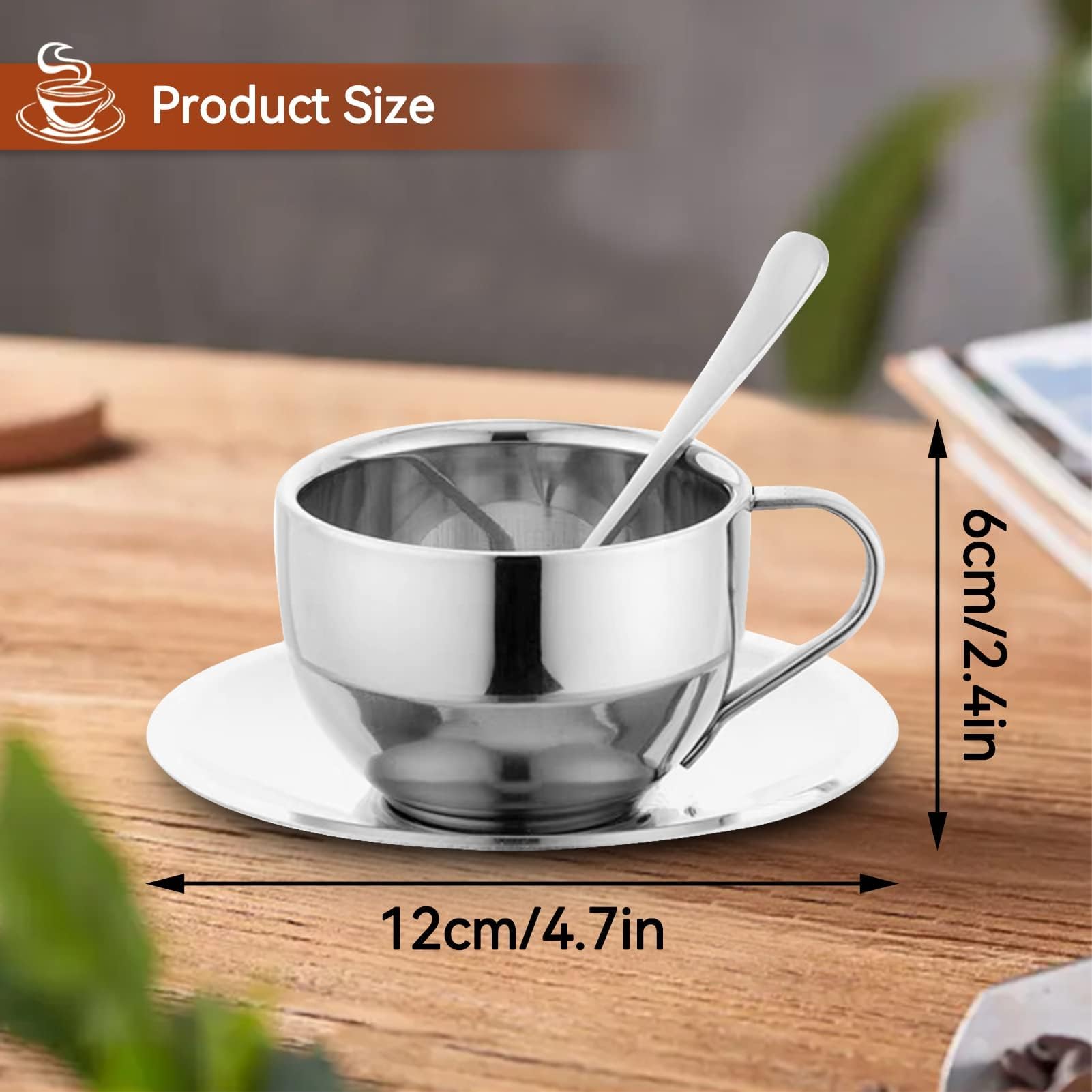 Premium Stainless Steel Coffee Cup Set - 125ML Espresso Mugs with Saucer & Spoon - Ideal for Cappuccino, Latte, Tea - Perfect Gift for Coffee & Tea Lovers - Great for Home, Office, Cafe, and Restaurant Use