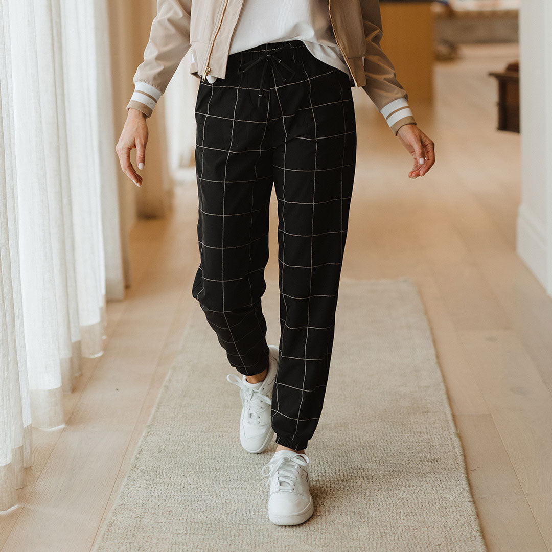 Everywhere Joggers for Men & Women - Stylish Black Windowpane Pattern Comfortable Lounge Pants for Running, Yoga & Casual Wear