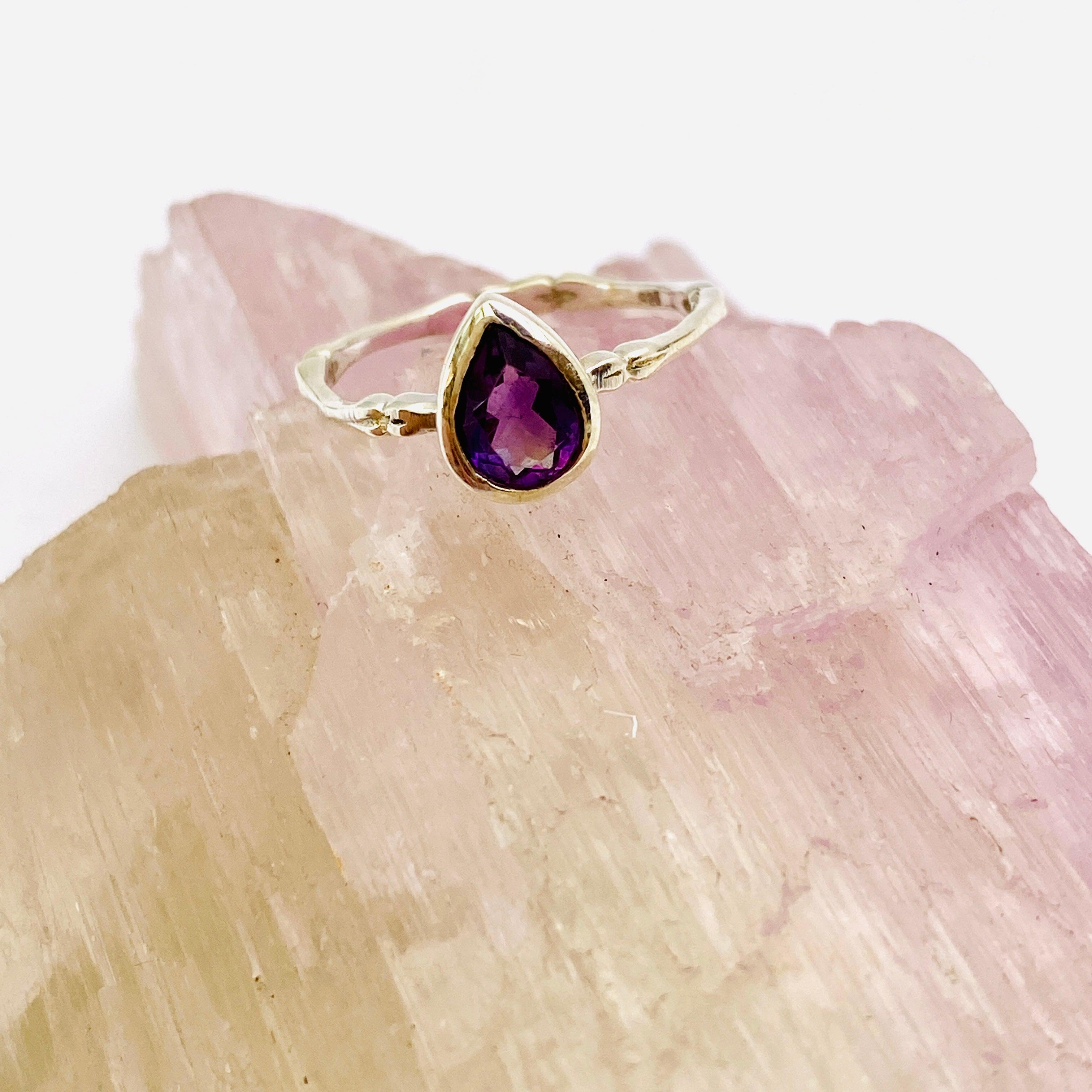 Amethyst Faceted Teardrop Fine Band Ring - Elegant Purple Gemstone Jewelry for Women - Perfect for Weddings, Anniversaries & Special Occasions