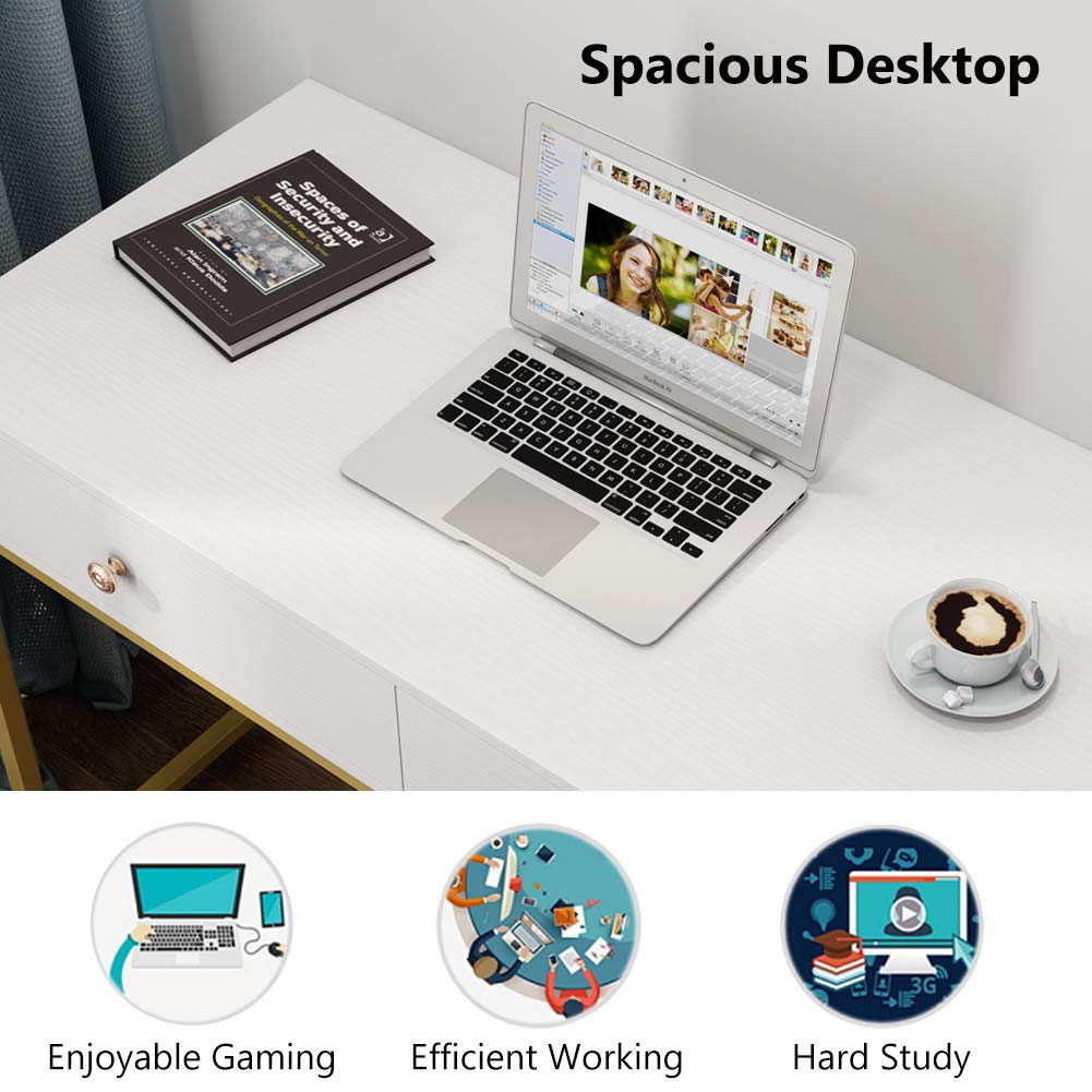 Tribesigns 47-inch Modern Computer Desk with 2 Storage Drawers - Home Office Desk, Study Table, Writing Desk & Makeup Vanity in White & Gold | Perfect for Small Spaces, Gaming Setup & Work from Home