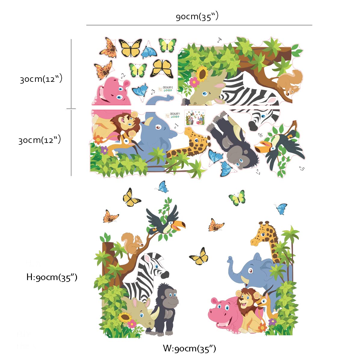 Runtoo Jungle Animal Wall Decals - Elephant, Zebra & Tree Stickers for Kids Room, Nursery Decor | Perfect for Girls Bedroom, Baby Room & Playroom Wall Art