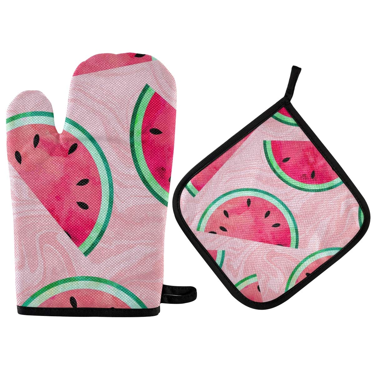 Heat Resistant Watermelon Watercolor Oven Mitts & Pot Holders Set - Kitchen Cooking, Baking, Microwave & Grill Accessories - Perfect for BBQ, Baking & Hot Dish Handling