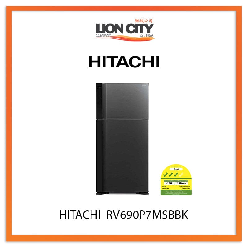 Hitachi 544L 2-Door Refrigerator RV690P7MSBBK - Energy Efficient Large Capacity Fridge for Home, Kitchen & RV Use