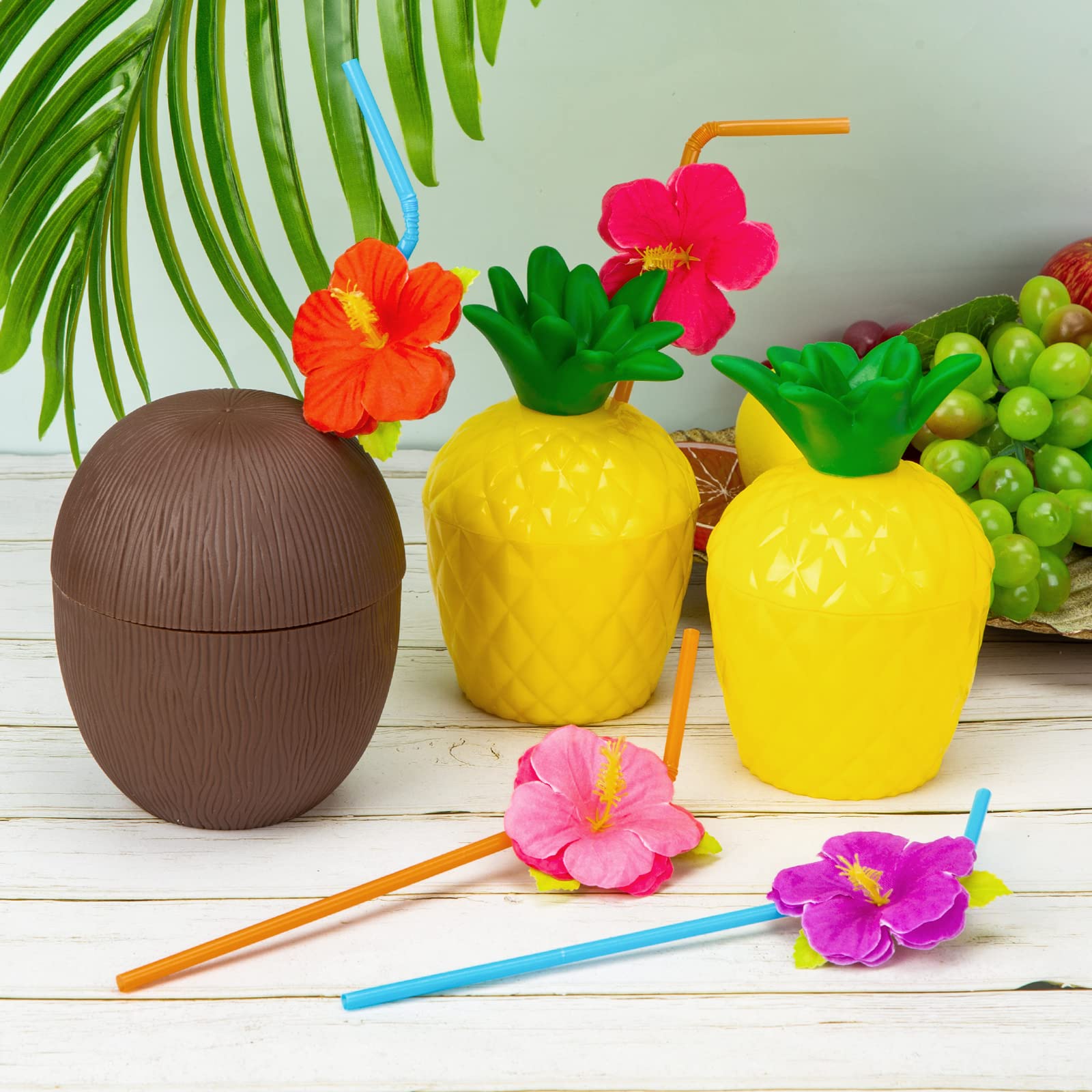 12PCS Pineapple Coconut Cups with Lids & Straws - Tropical Hawaiian Themed Reusable Drinkware for Beach Parties, Luau Celebrations, Birthday Events & Summer Gatherings - BPA-Free Plastic Cocktail Cups for Poolside Drinks and Outdoor Entertaining