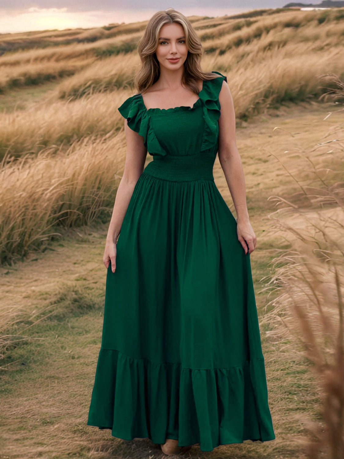 Elegant Ruffled Square Neck Maxi Beach Dress for Women - Flowy Summer Vacation Dress for Beach, Pool, and Resort Wear