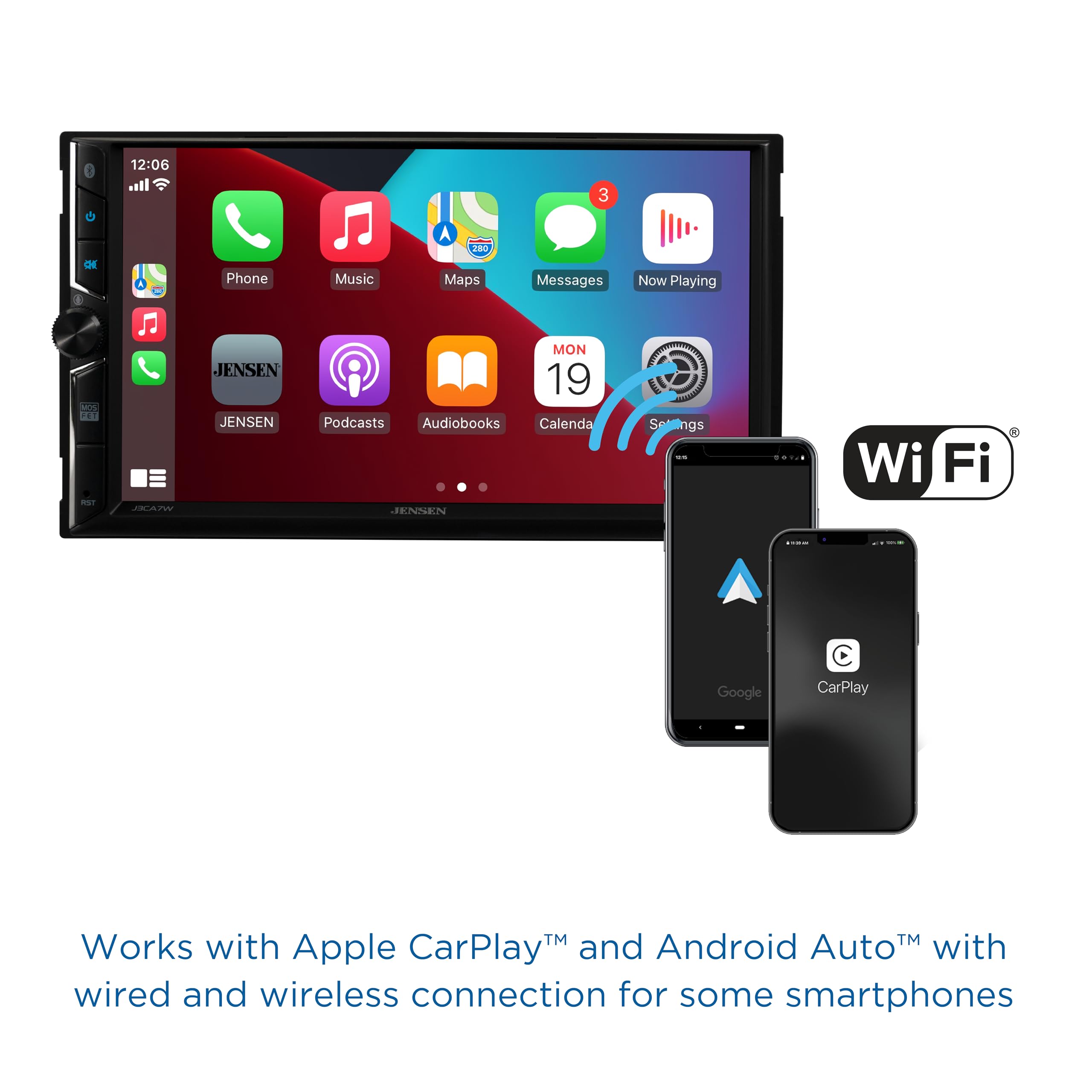 JENSEN J3CA7W 7-inch Double DIN Car Stereo with Apple CarPlay & Android Auto - Wireless & Wired Touchscreen Radio | Bluetooth | Backup Camera Input | USB Playback & Charging | Perfect for Road Trips & Daily Commutes