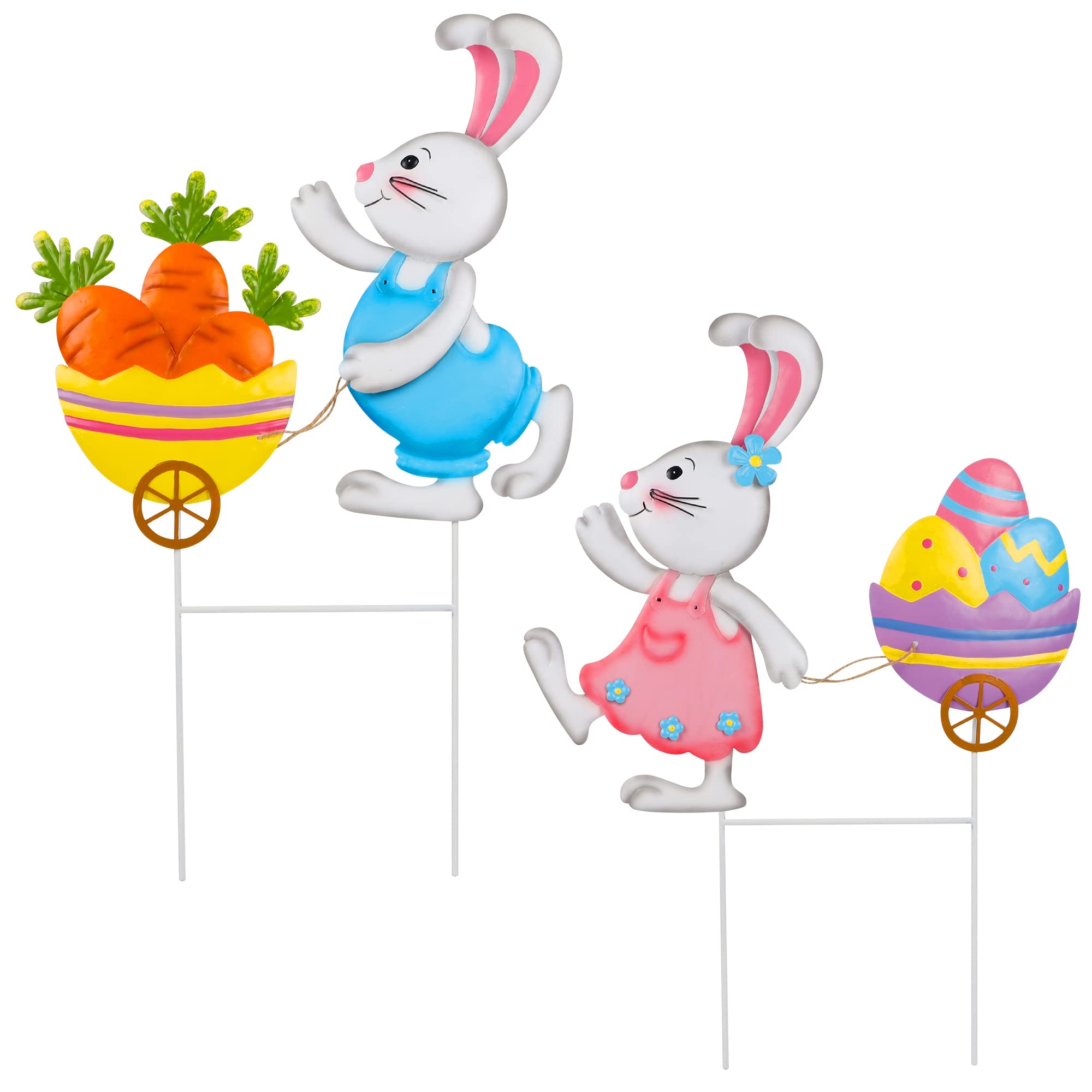 2 Pack Metal Easter Bunny Garden Stakes - Outdoor Waterproof Decorative Rabbit & Egg Yard Decor for Lawn, Patio, Home - Perfect for Easter, Spring & Holiday Decorations
