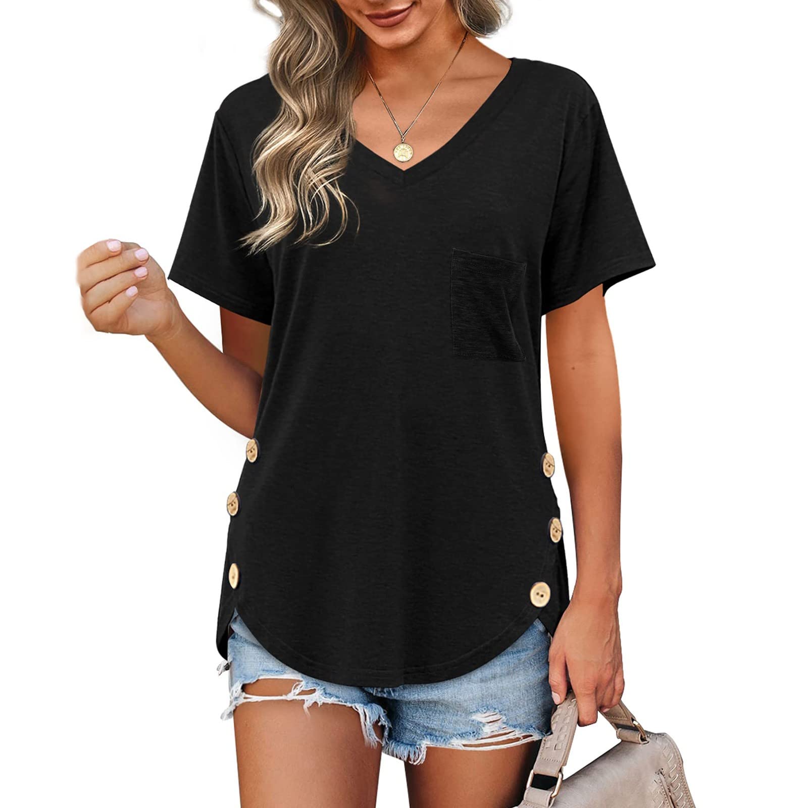 Women's V-Neck Rolled Short Sleeve T-Shirt - Soft Casual Summer Lounge Tee - Plain Ladies Top for Relaxing at Home, Weekend Outings & Beach Wear