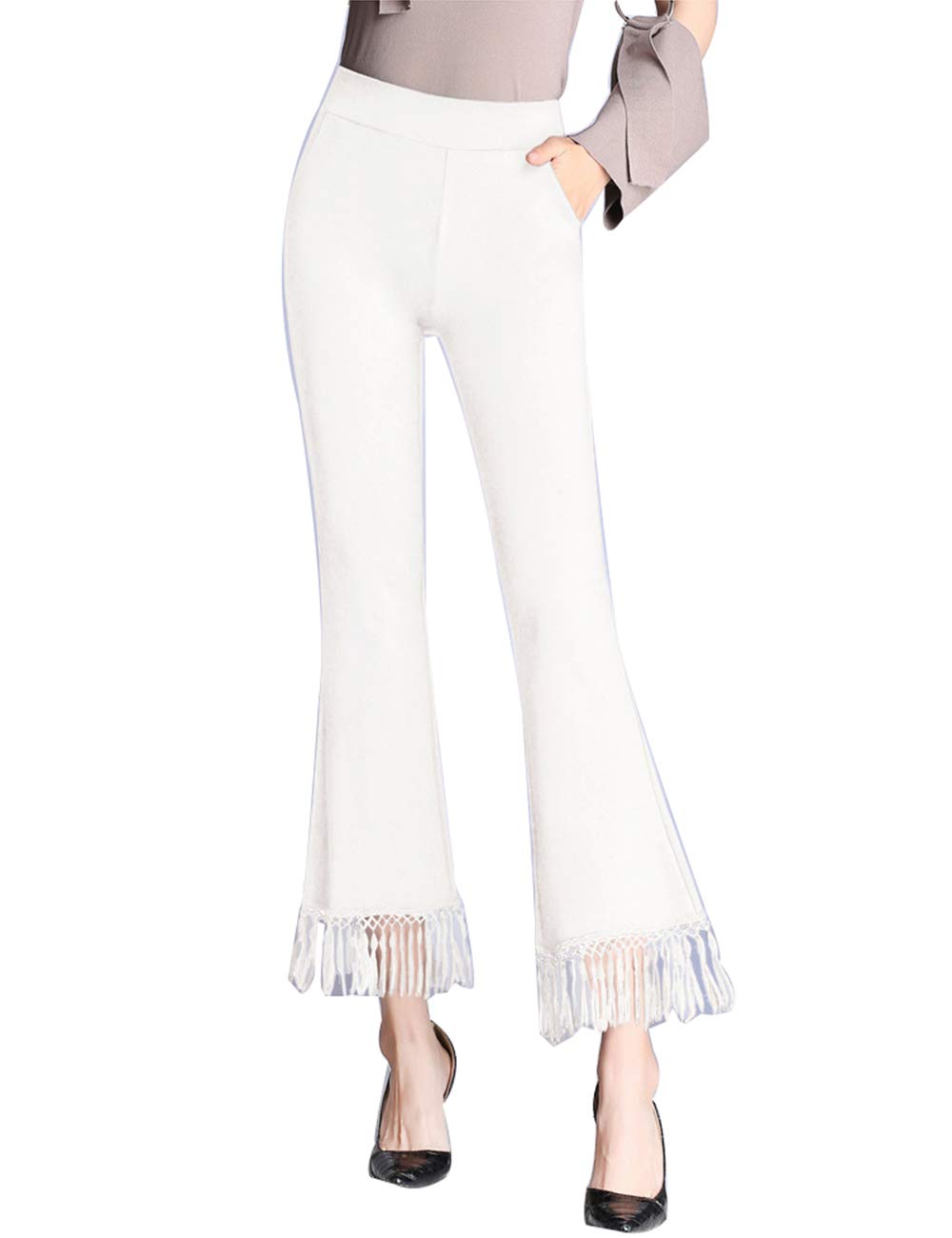 ZENTHACE Women's High Waist Bell Bottom Pants - Stretchy Flare Leggings with Tassel Details & Pull-On Design | Perfect for Casual Wear, Office Outfits & Boho Style Fashion