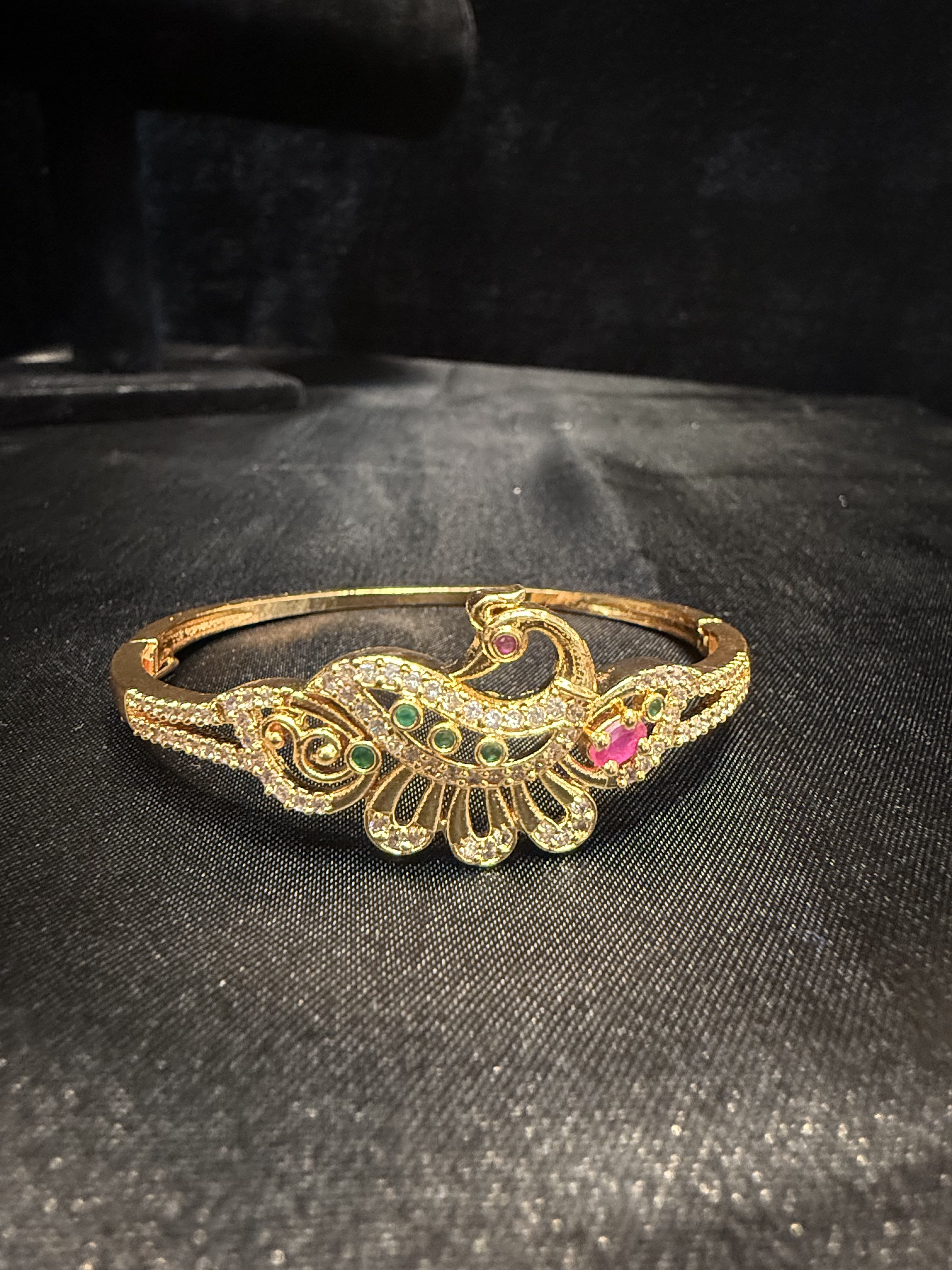 Elegant Gold Plated Peacock Design Bracelet with Green, Hot Pink & White Stones - Perfect for Parties, Weddings & Special Occasions