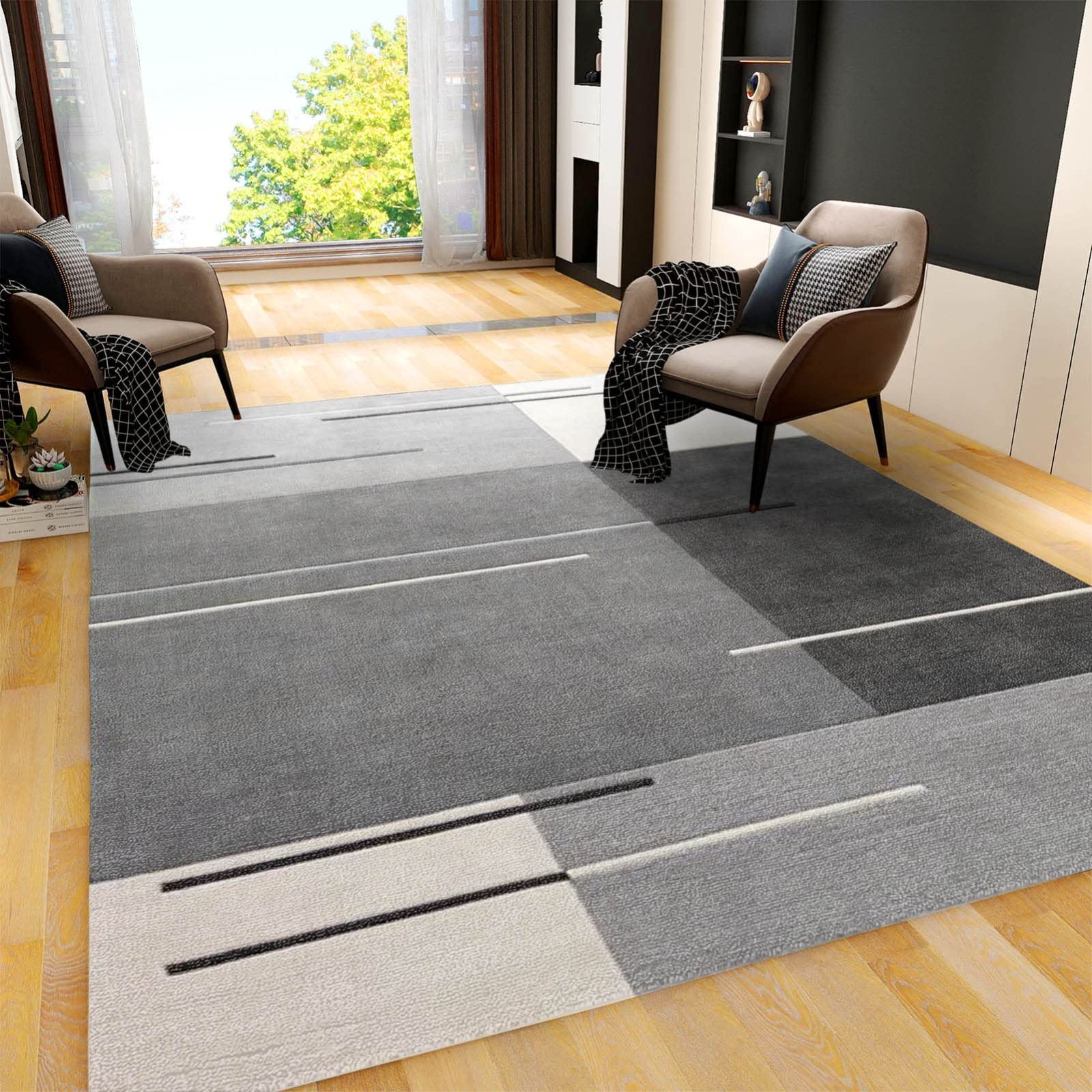 Modern Geometric Area Rug - Minimalist Grey Block Design Non-Slip Floor Carpet for Living Room, Bedroom & Home Decor (5'3