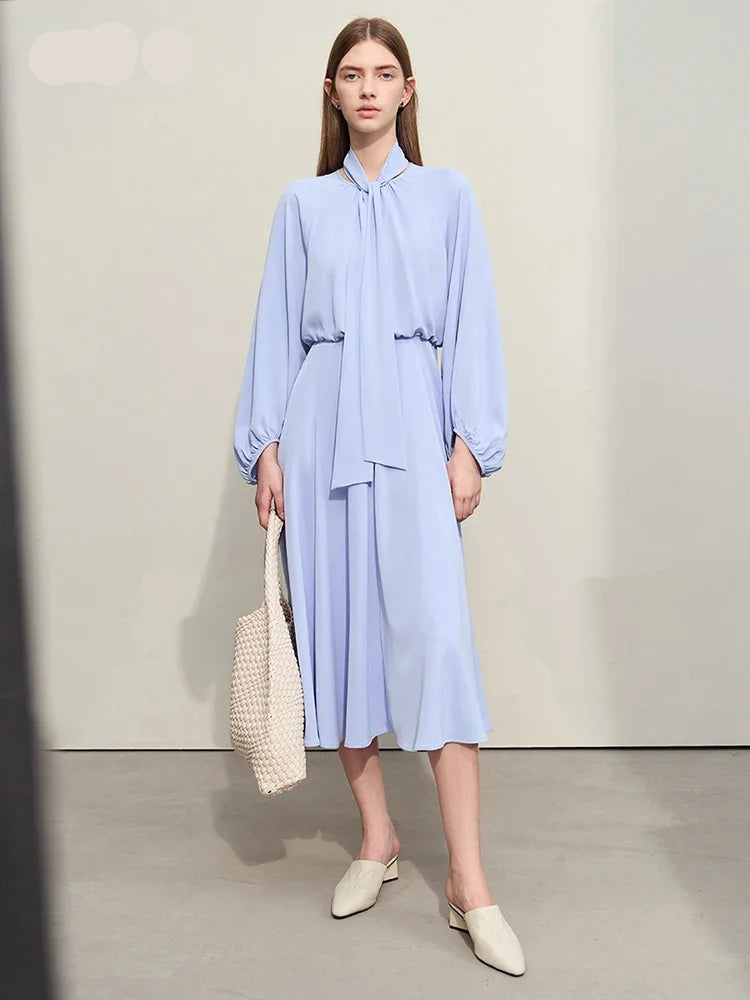 Elegant Minimalist Women's Chiffon Dress - 2024 Spring Summer Flowy A-Line Maxi Dress with Lantern Sleeves & Detachable Waist Belt | Perfect for Beach Vacations, Weddings & Casual Outings