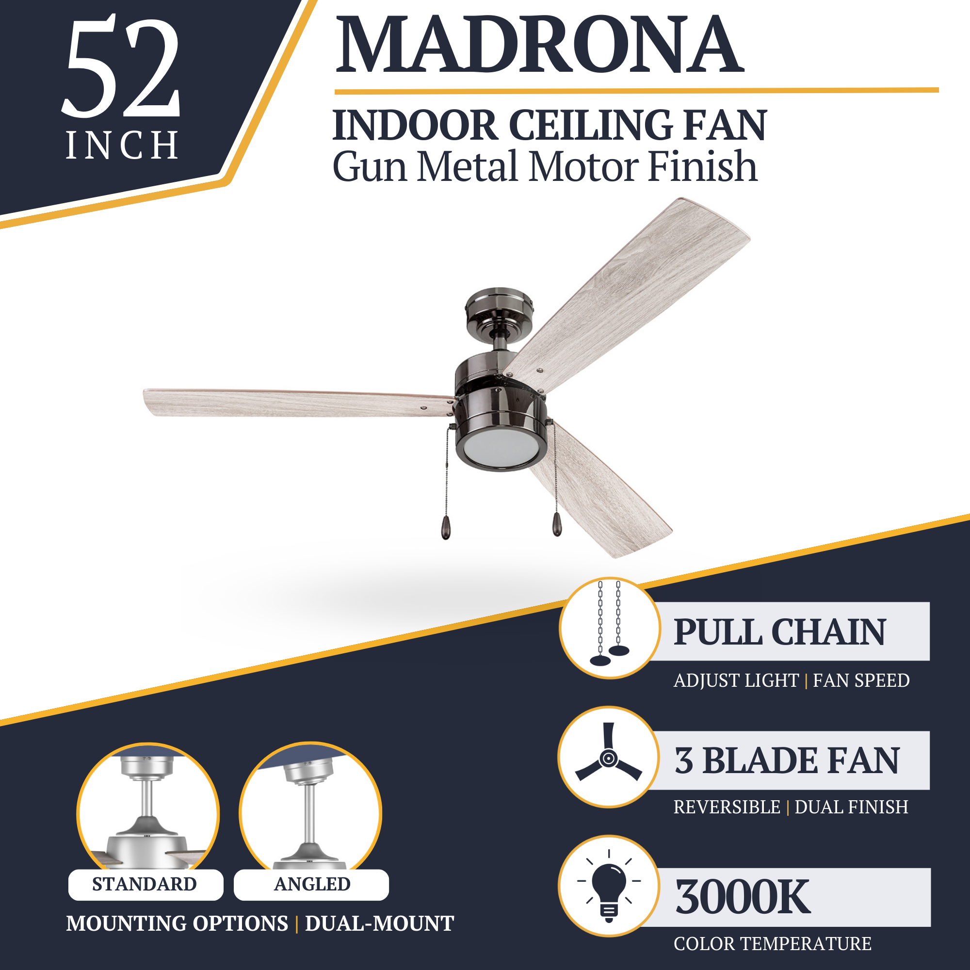 52 Inch Madrona Ceiling Fan with Pull Chain - Painted Gun Metal Finish - Ideal for Living Room, Bedroom & Outdoor Spaces