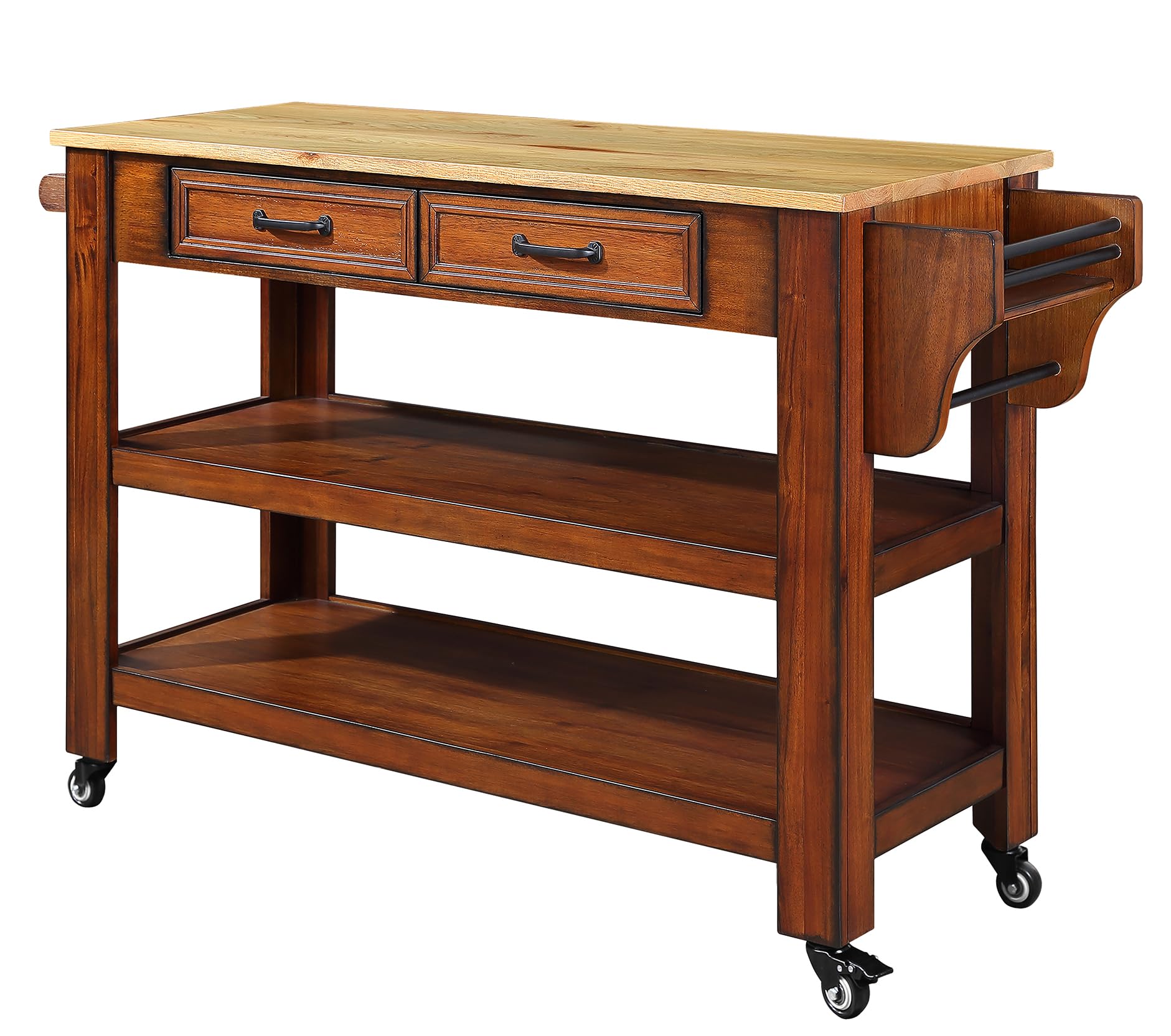 57 Inch Solid Oak Wood Kitchen Island Cart with 2 Drawers & Storage Shelves - Rolling Kitchen Cart with Wine Rack & Spice Organizer - Perfect for Small Kitchens, Dining Rooms & Home Bars (Walnut Finish)