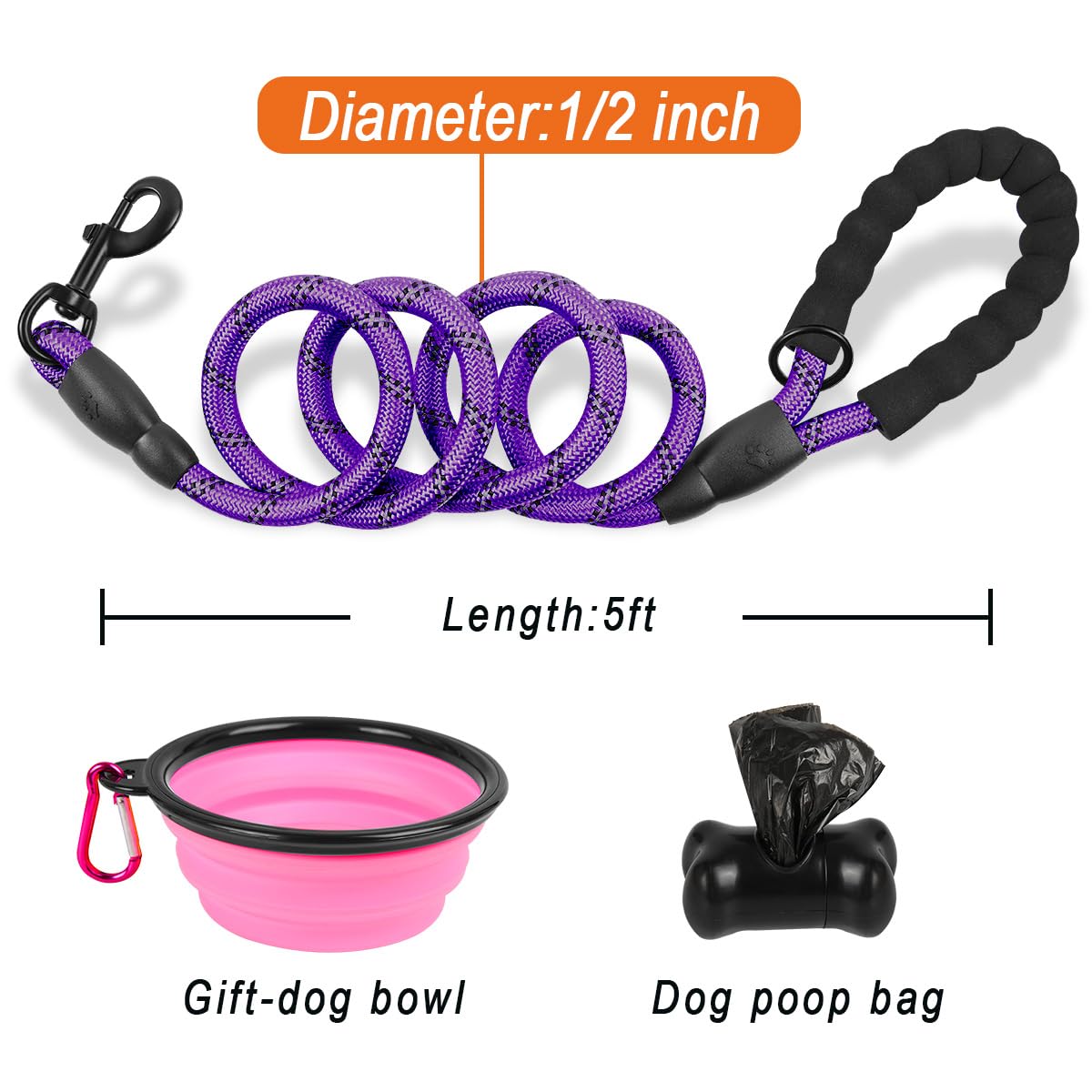 BARKBAY Heavy Duty Dog Leash for Large Dogs - 5FT Padded Handle Reflective Leash for Walking, Running & Training - Durable Purple Dog Lead with Comfort Grip (Ideal for Parks, Hiking & Night Walks)