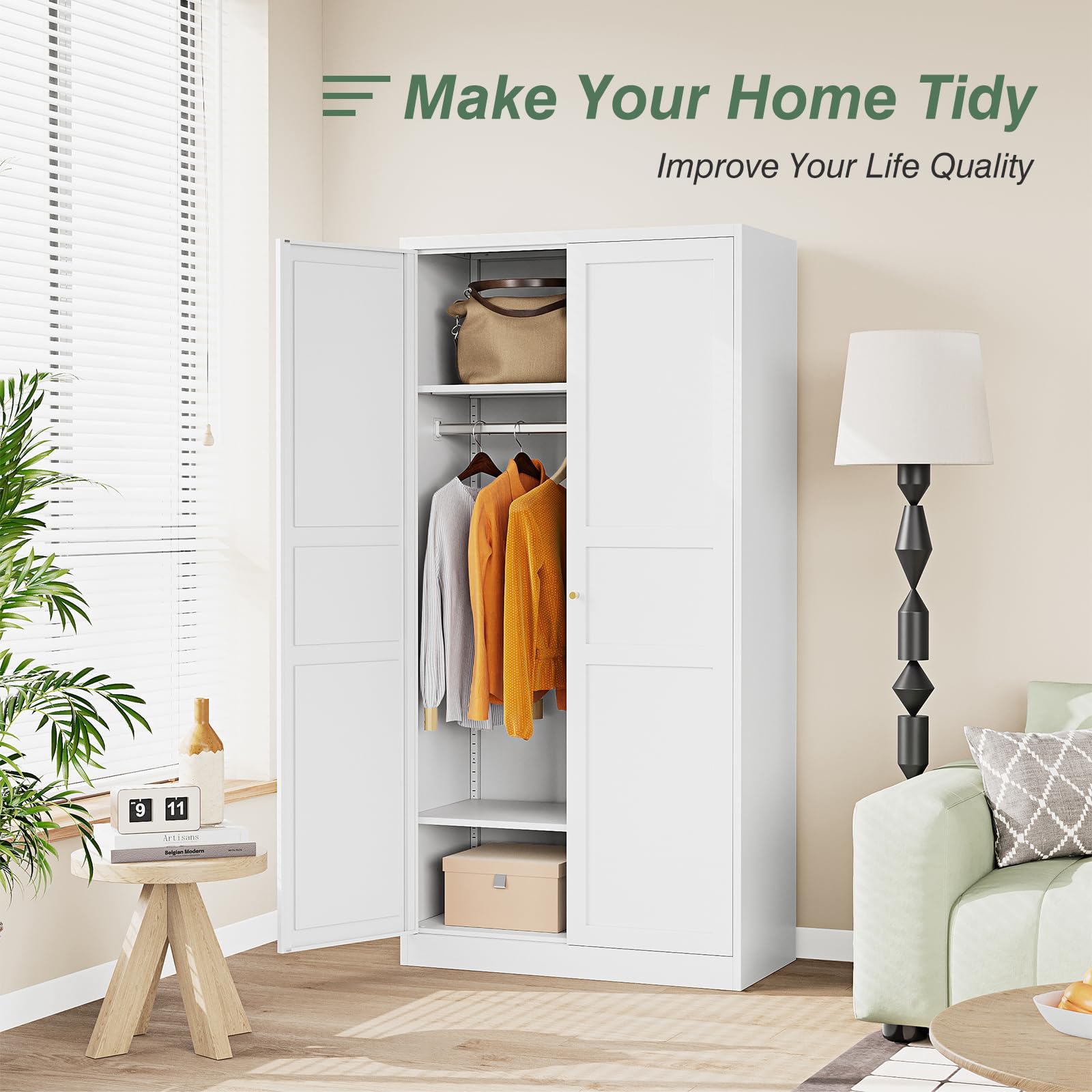 White Metal Wardrobe Closet Cabinet with Doors & Shelves - Space Saving Storage Armoire for Bedroom, Laundry Room, Home Office & Bathroom Organization | Perfect for Small Spaces & Apartment Living