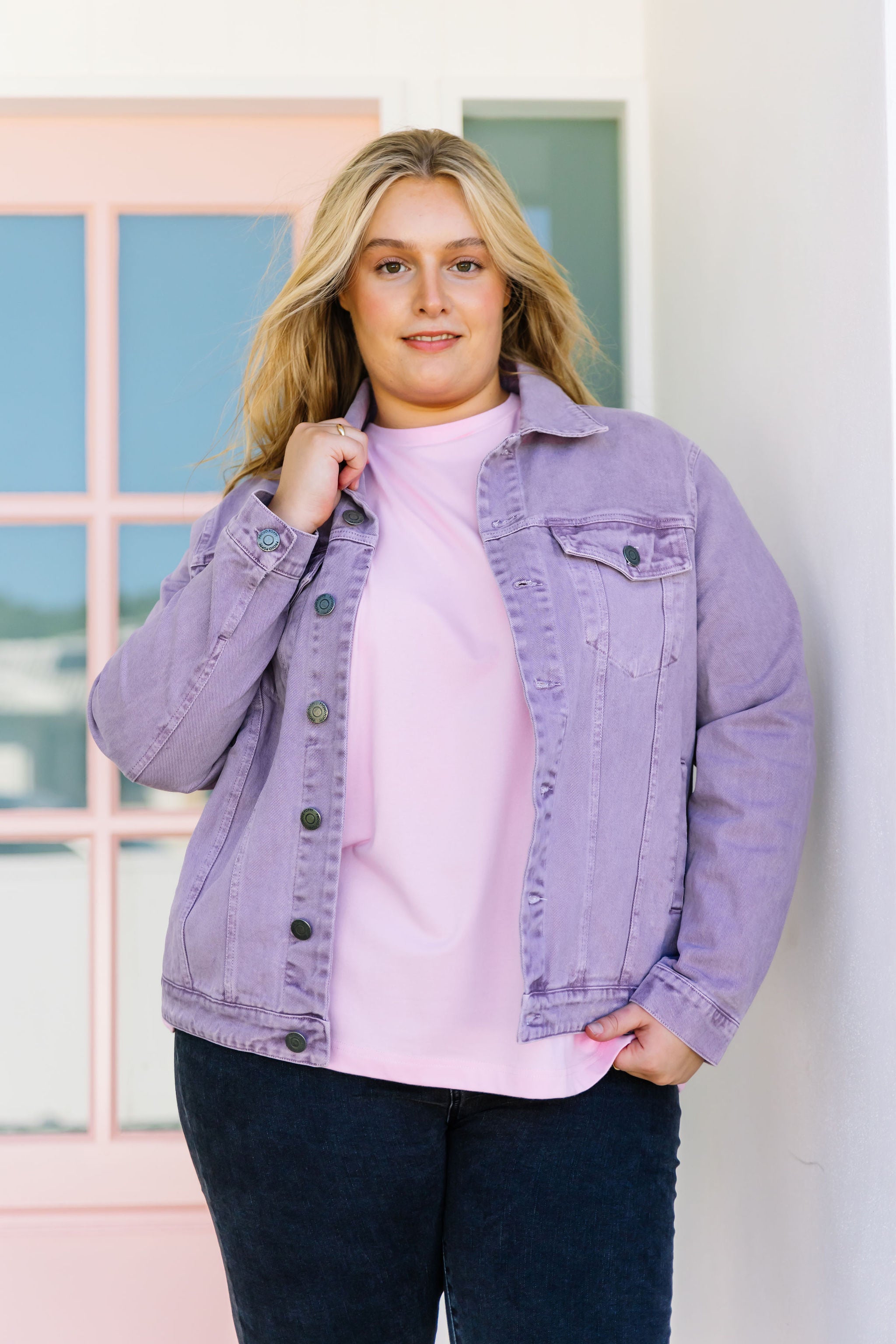 Hayden Boyfriend Denim Jacket in Washed Purple | Vintage Style Women's Distressed Denim Jacket | Perfect for Casual Outfits, Streetwear & Fall Layering