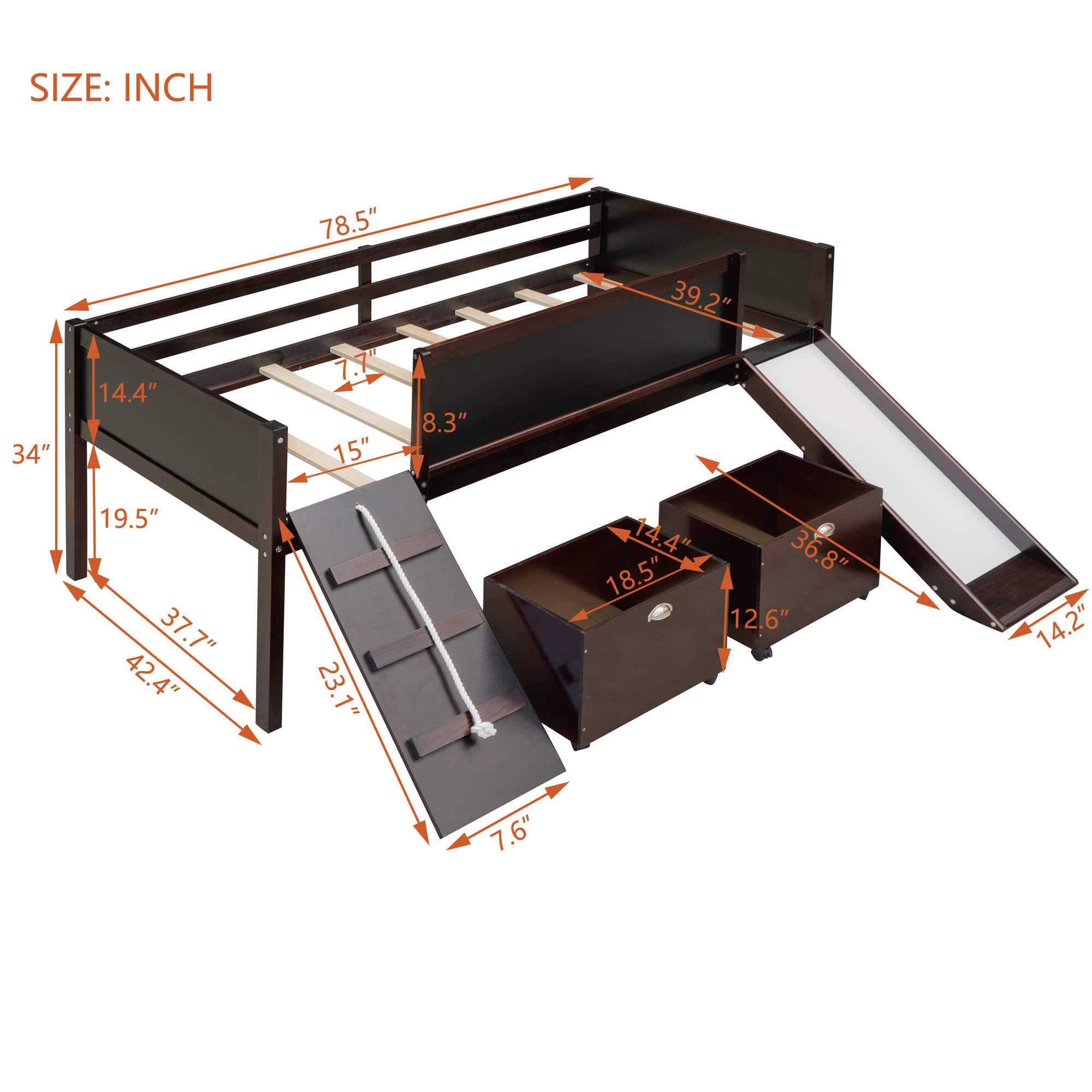 **Kids Loft Beds with Slide & Storage - Twin Low Loft Bed Frame with Climbing Ladder, Chalkboard & Storage Boxes - Modern Multifunctional Loft Bed for Boys & Girls - Espresso Finish - Perfect for Small Bedrooms, Playrooms & Kids' Dorm Decor**