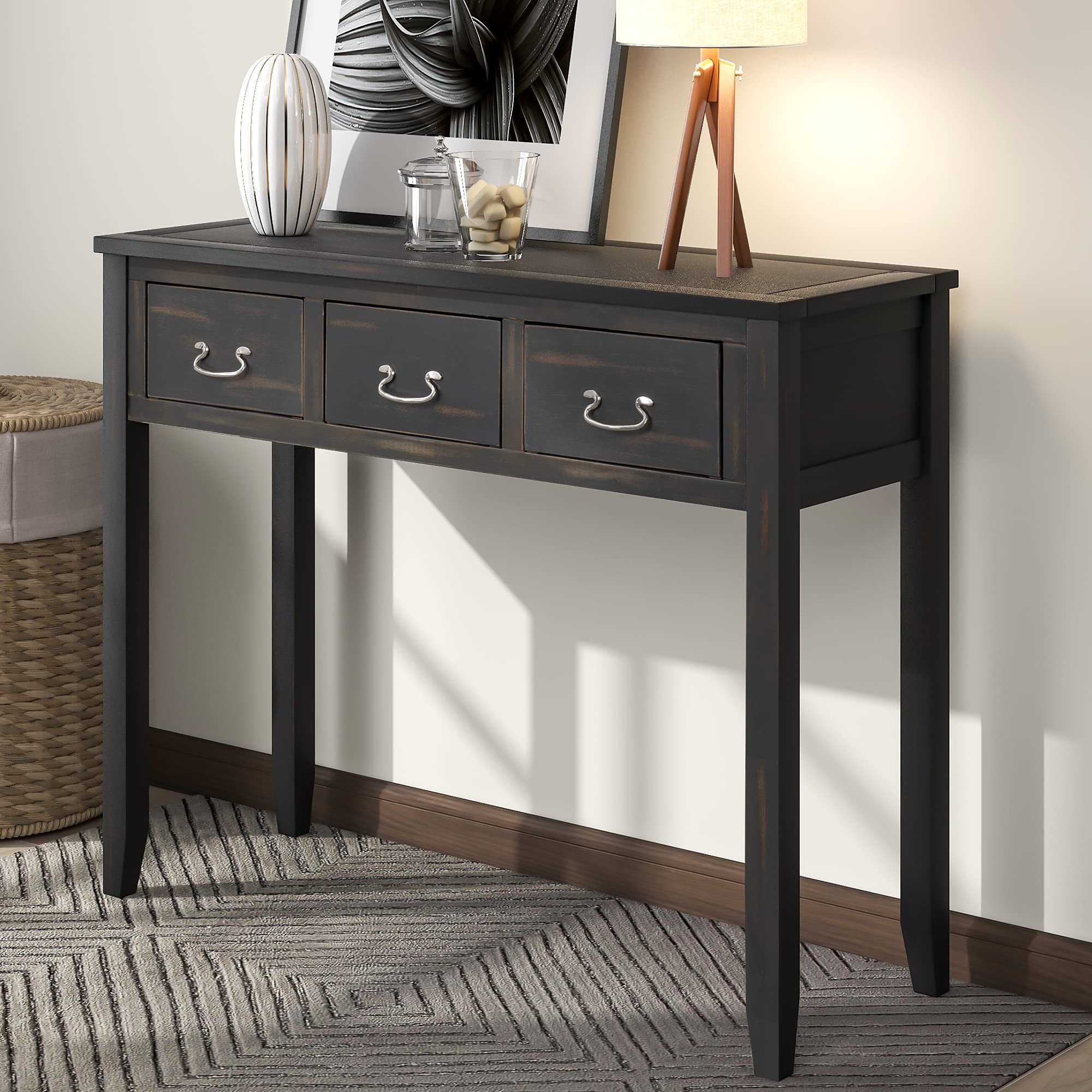 Modern Retro Style Console Table with 3 Storage Drawers - Solid Wood Sofa Table, Entryway Sideboard & Hallway Buffet Table - Perfect for Living Room Decor, Small Space Organization & Entry Storage (Brown-2)