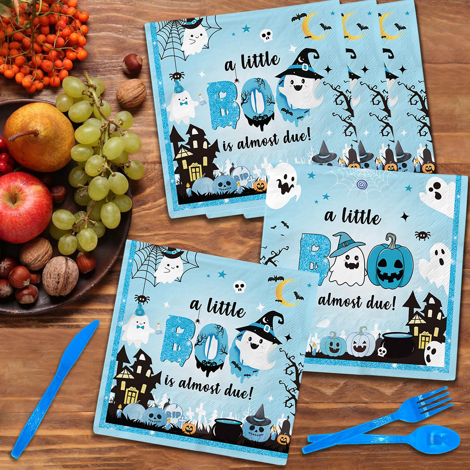 48Pcs Little Boo Baby Shower Napkins - Blue Halloween Themed Party Decorations for Baby Boy | Perfect for Baby Shower, Halloween Party & Gender Reveal Celebrations