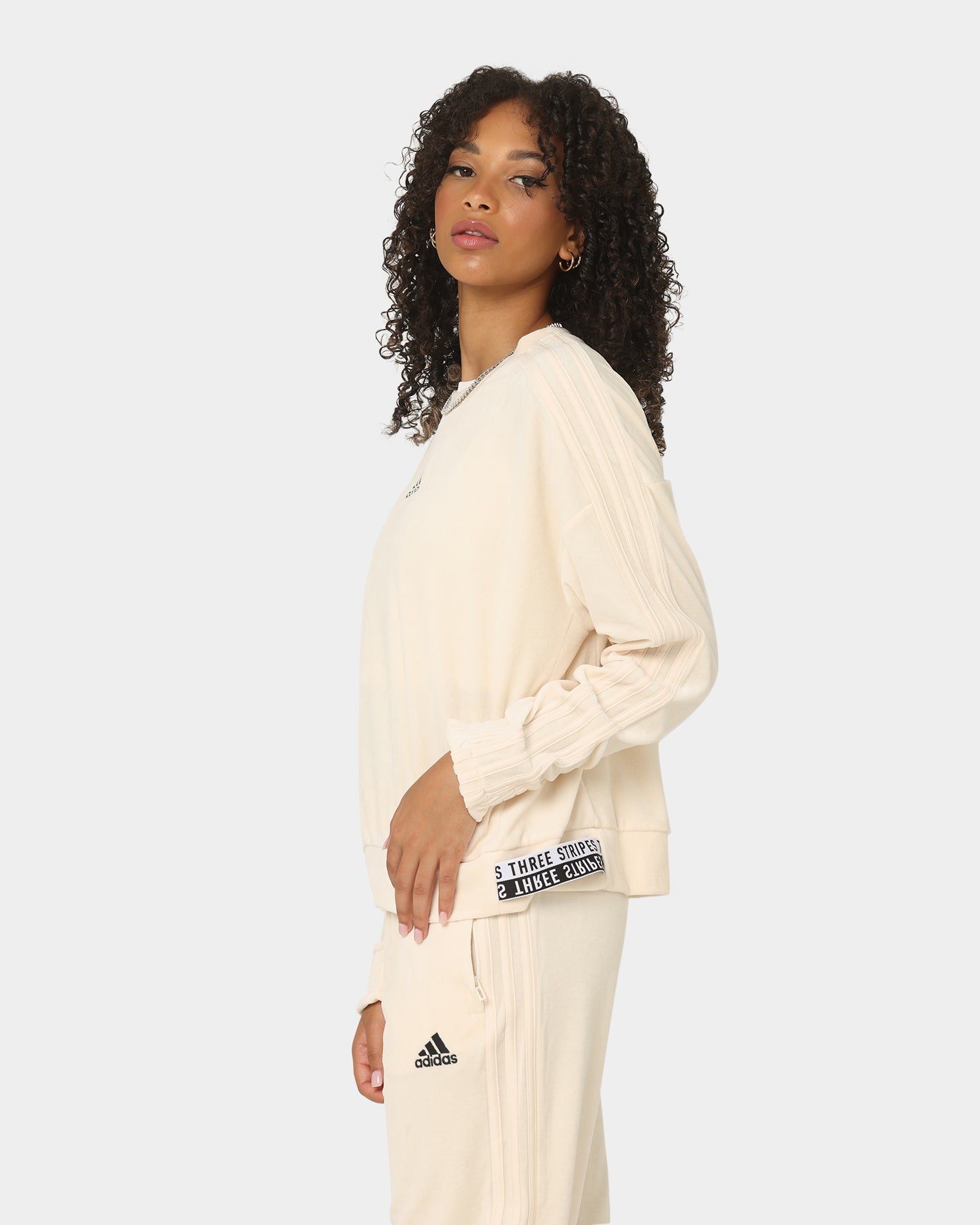 Adidas Women's Velour Crewneck Sweatshirt - Wonder White | Soft & Comfortable Casual Wear for Women | Perfect for Gym, Lounge & Everyday Outfits
