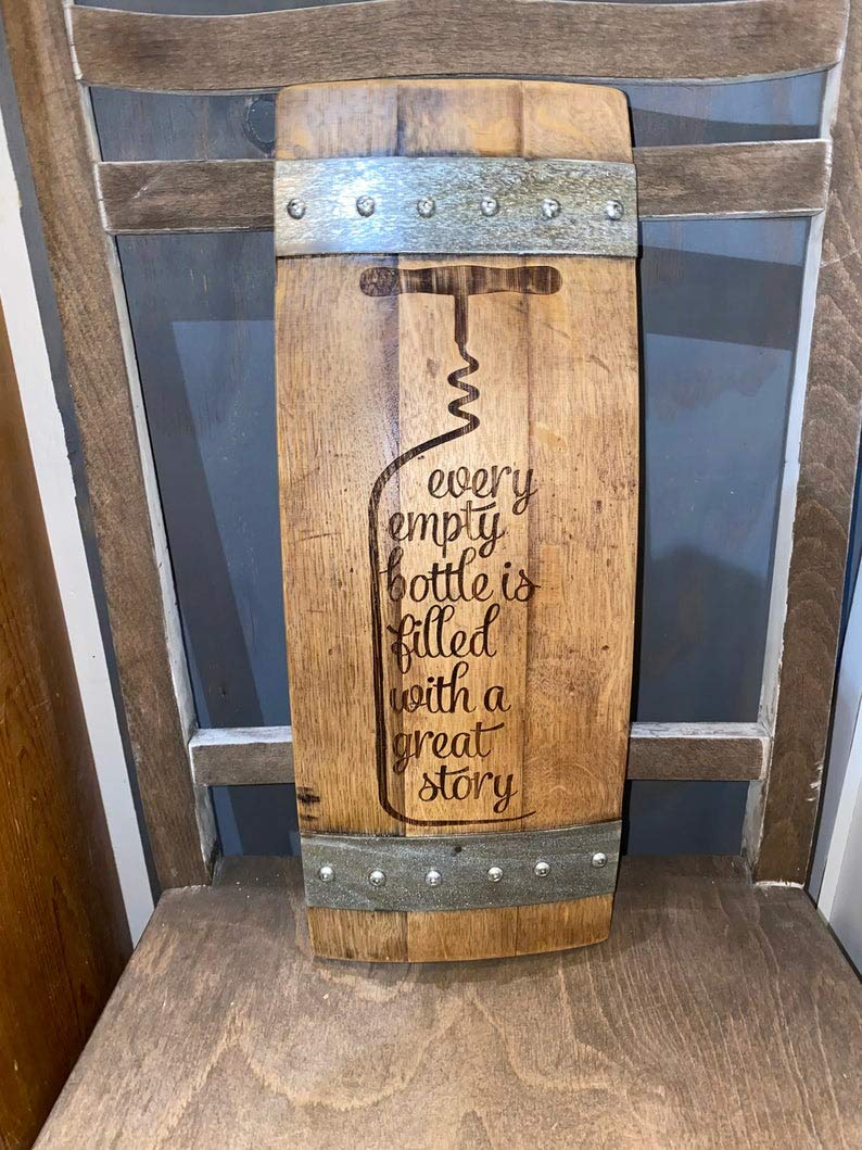 Handcrafted Wine Barrel Stave Sign - Laser Engraved Empty Bottles Decor | Perfect for Home Bar, Wine Cellar & Rustic Wedding Decorations