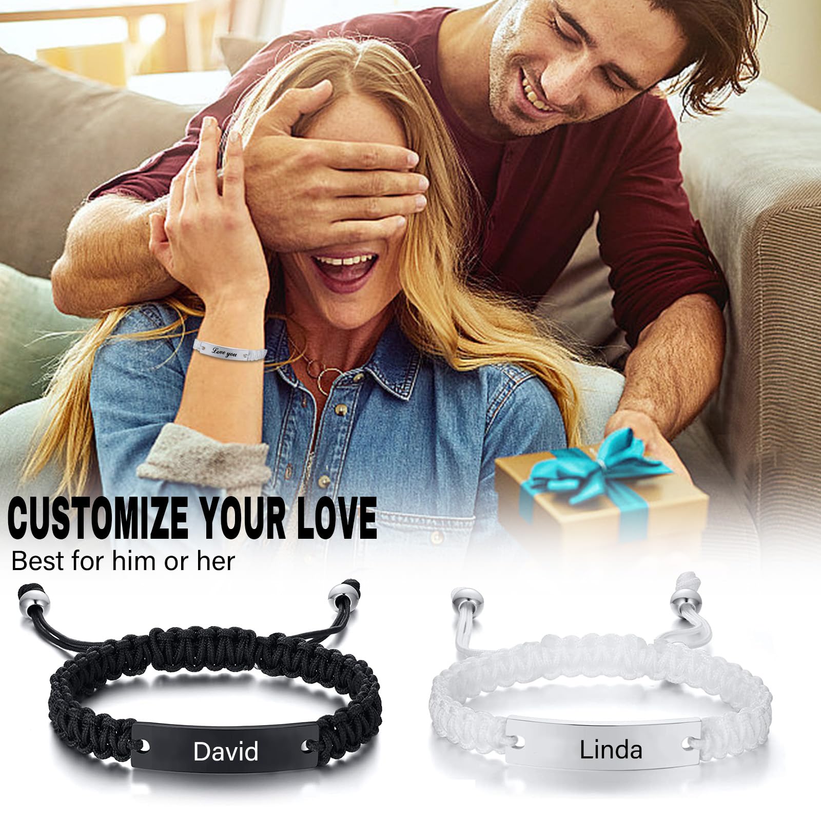 Custom Engraved Couple Bracelets - Personalized Matching Braided Adjustable Love Bracelets for Men & Women | Anniversary, Valentine's Day & Christmas Gifts for Couples | Handmade Romantic Jewelry for Dating & Special Occasions